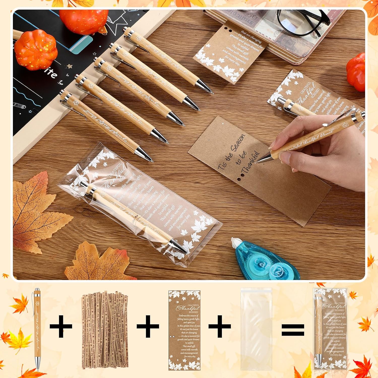 Gueevin 50 Set Inspirational Thanksgiving Gift Pens with Greeting Cards Fall Party Favors for Adults Bulk Thanksgiving Appreciation Gift Leaf Cards for Coworkers Employee Teacher Supplies