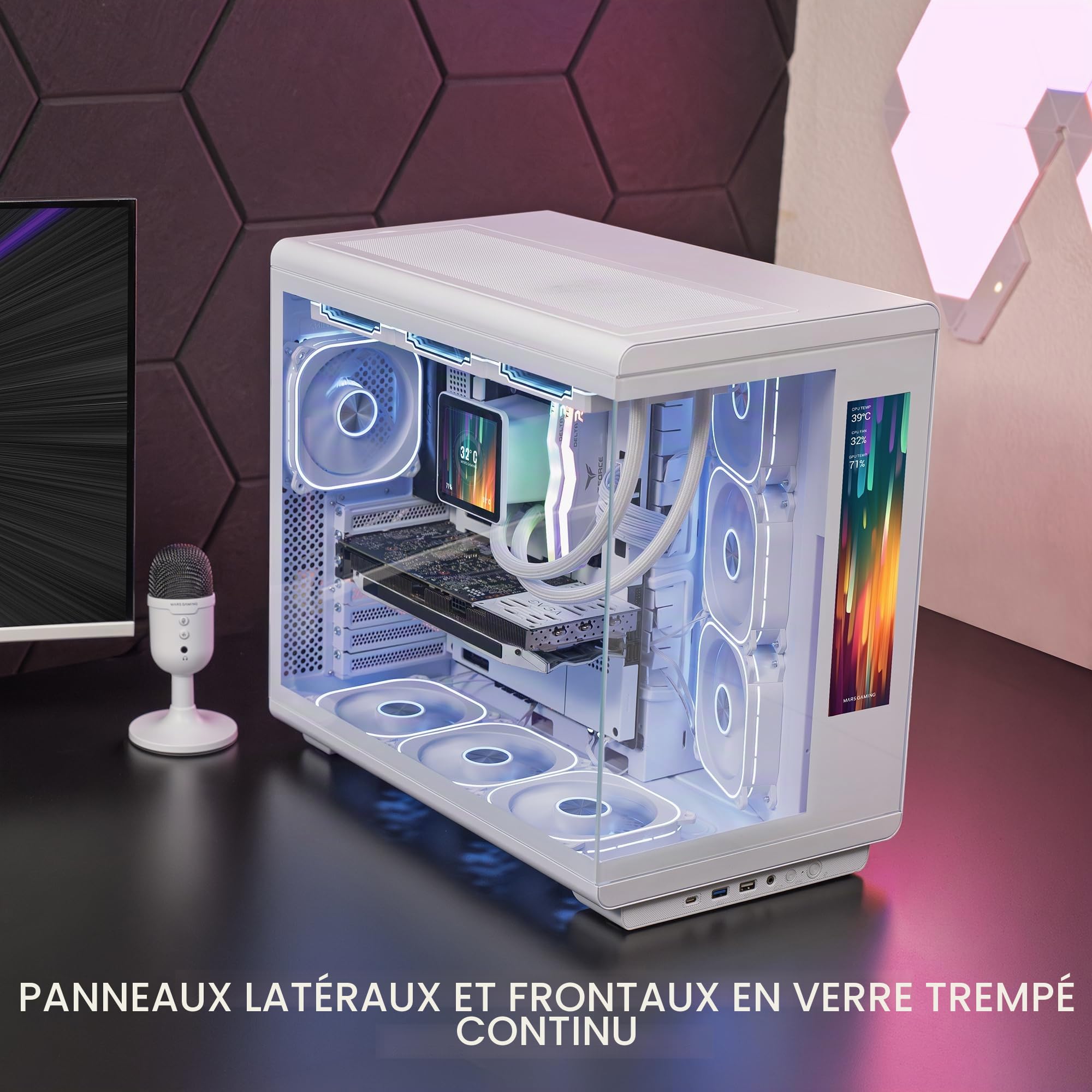 Mars Gaming MC-REVMAX, Boîtier PC ATX, Écran IPS 11.8", Verre Trempé Continu, 4 Ventilateurs PWM ARGB, Refroidissement Liquide jusqu'à 360mm, Compatible Cartes Mères à Connecteur Inversé, USB-C, Blanc