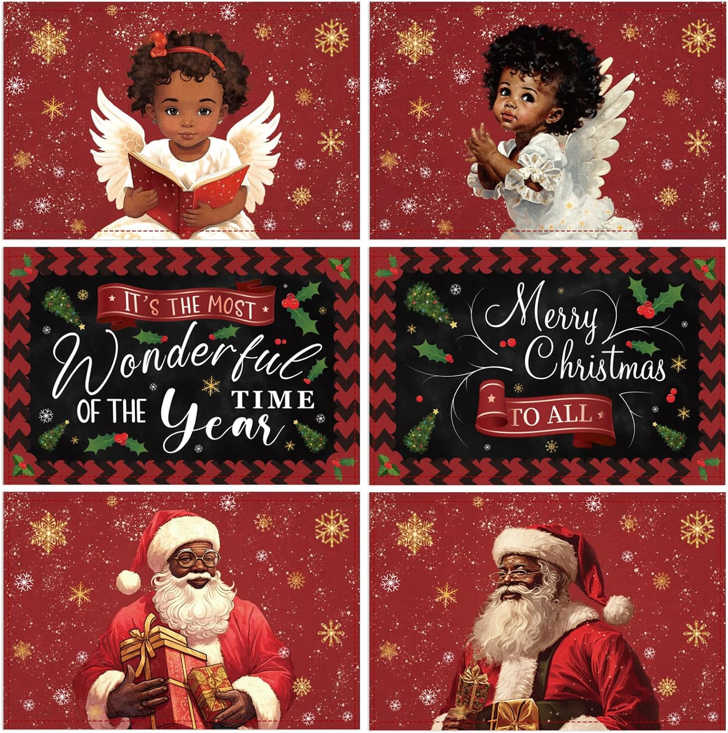 VitalCozy 6 Pcs Christmas Placemats 12 x 18 Inches Xmas Trees Santa Claus Angel African American Merry Christmas Red Black Seasonal Xmas Table Mats for Holiday Party Dinner Kitchen Dining Decorations