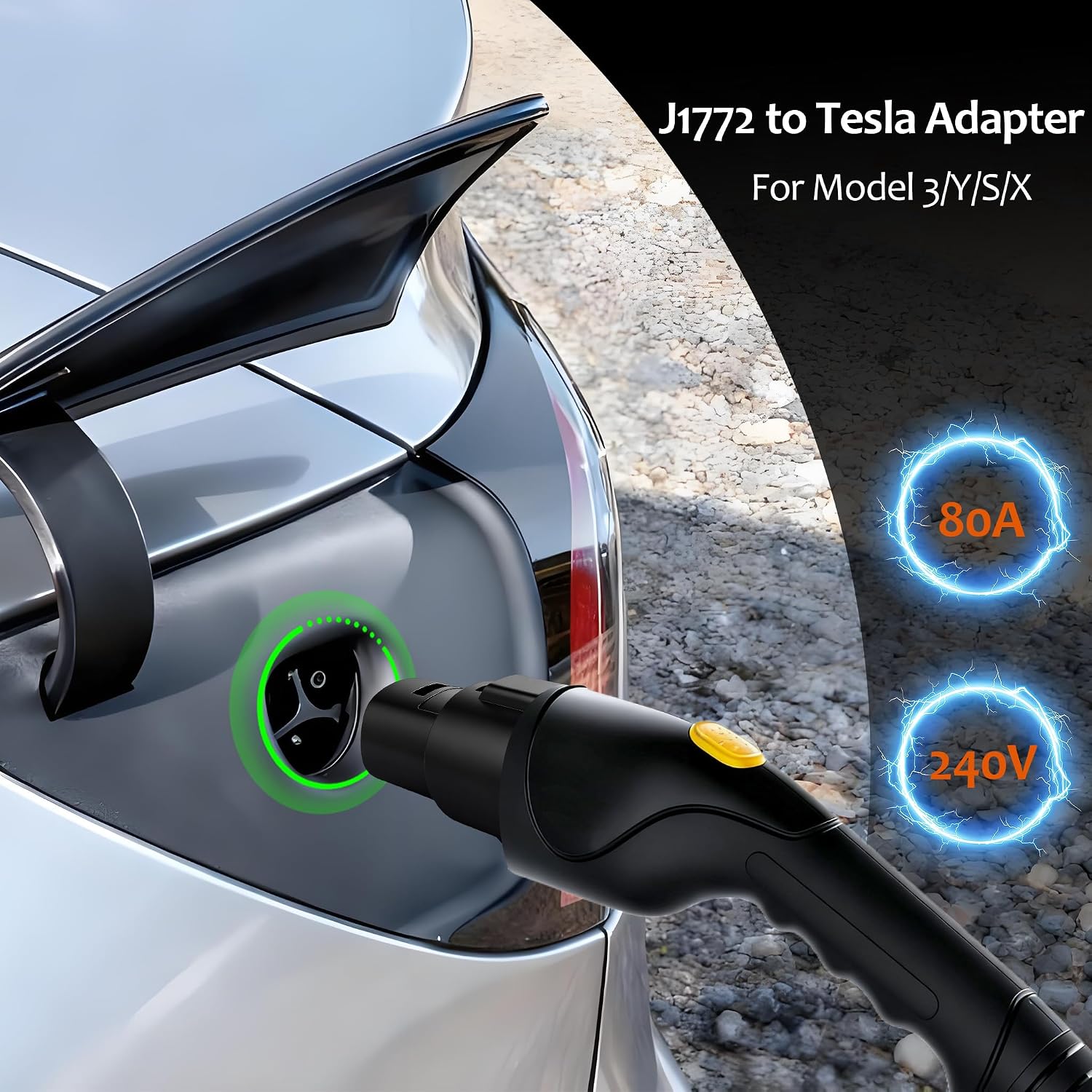 J1772 to Tesla Charger Adapter + EV Charger Plug Cover Combo – Max 80A, Fast Charging, Waterproof Soft Silicone Dust Cap, Compatible with Tesla Model 3/Y/S/X/Cybertruck & All J1772 Plugs