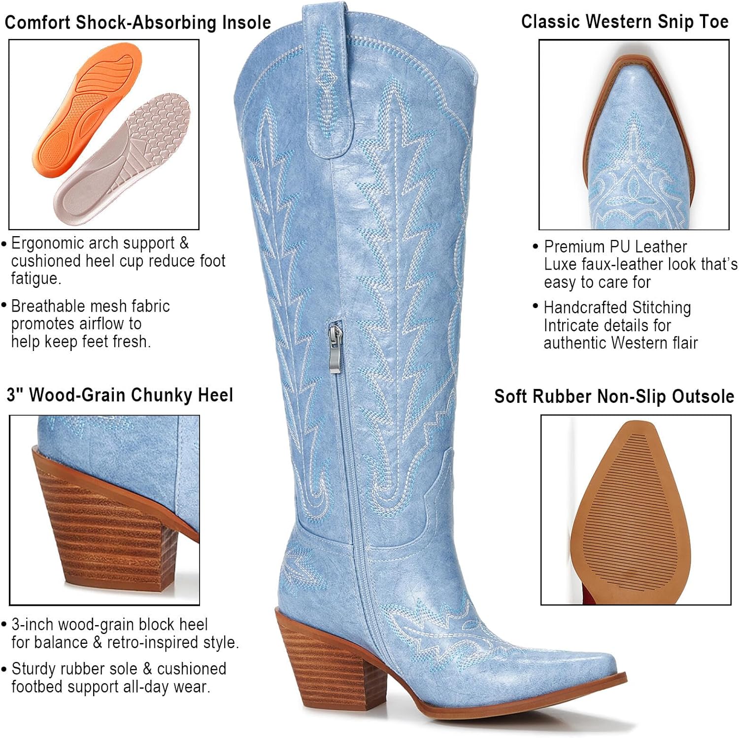 Cowboy Boots For Women - Western Knee High Cowgirl Boots with Snip Toe, 3" Wood Grain Block Heel, Slip-On & Side Zipper | Classic Western Embroidered Design