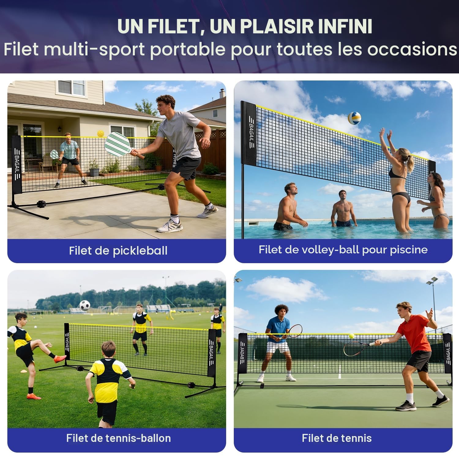 Filet de Badminton, Filet en Nylon Pliable, Support réglable en Hauteur et Sac à Main Portable, Facile à Assembler ou à démonter, idéal pour Le Tennis, Le Badminton pour Enfants ou Le Volley - Ball
