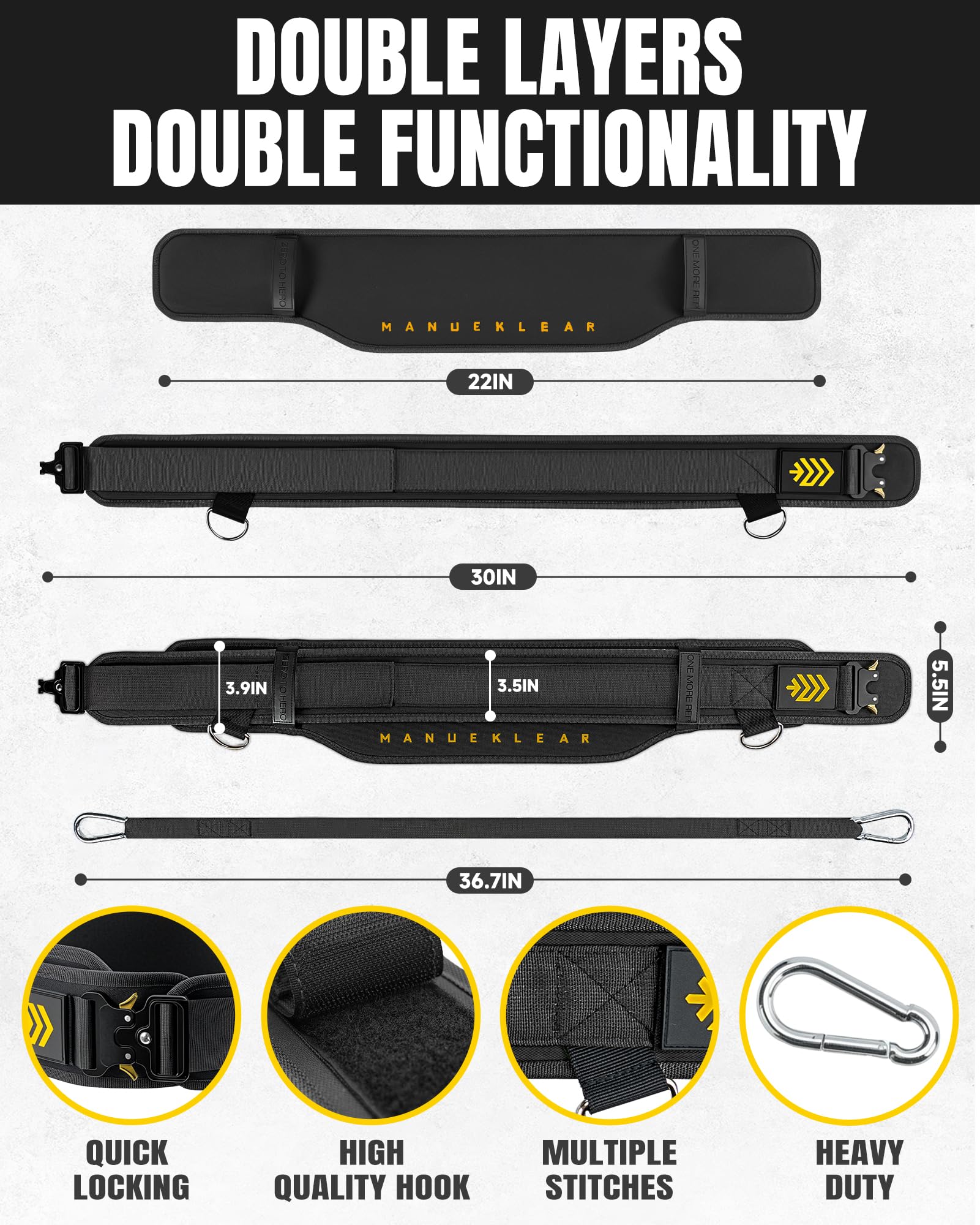 Manueklear 2-in-1 Gewichthebergürtel & Dip-Gürtel mit 92 cm Seil, doppellagiger Gewichthebergürtel, Powerlifting, Fitnessstudio, gewichteter Gürtel für Klimmzüge und Kniebeugen