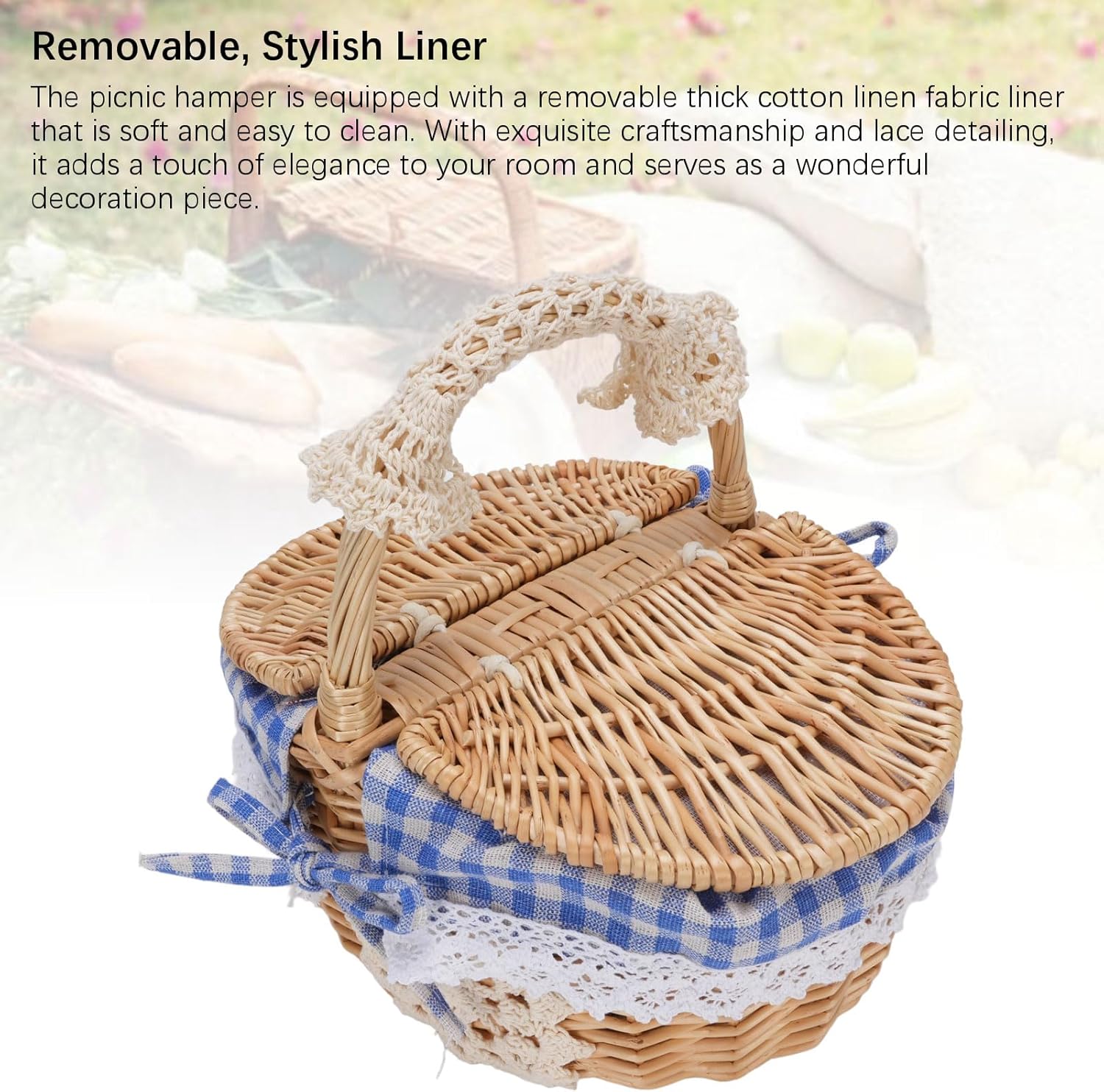 Wicker Picnic Basket with Removable Liner, Dual Opening Lid, Large Capacity Empty Picnic Hamper Basket for Family Gatherings (Blue Plaid) - Image 2