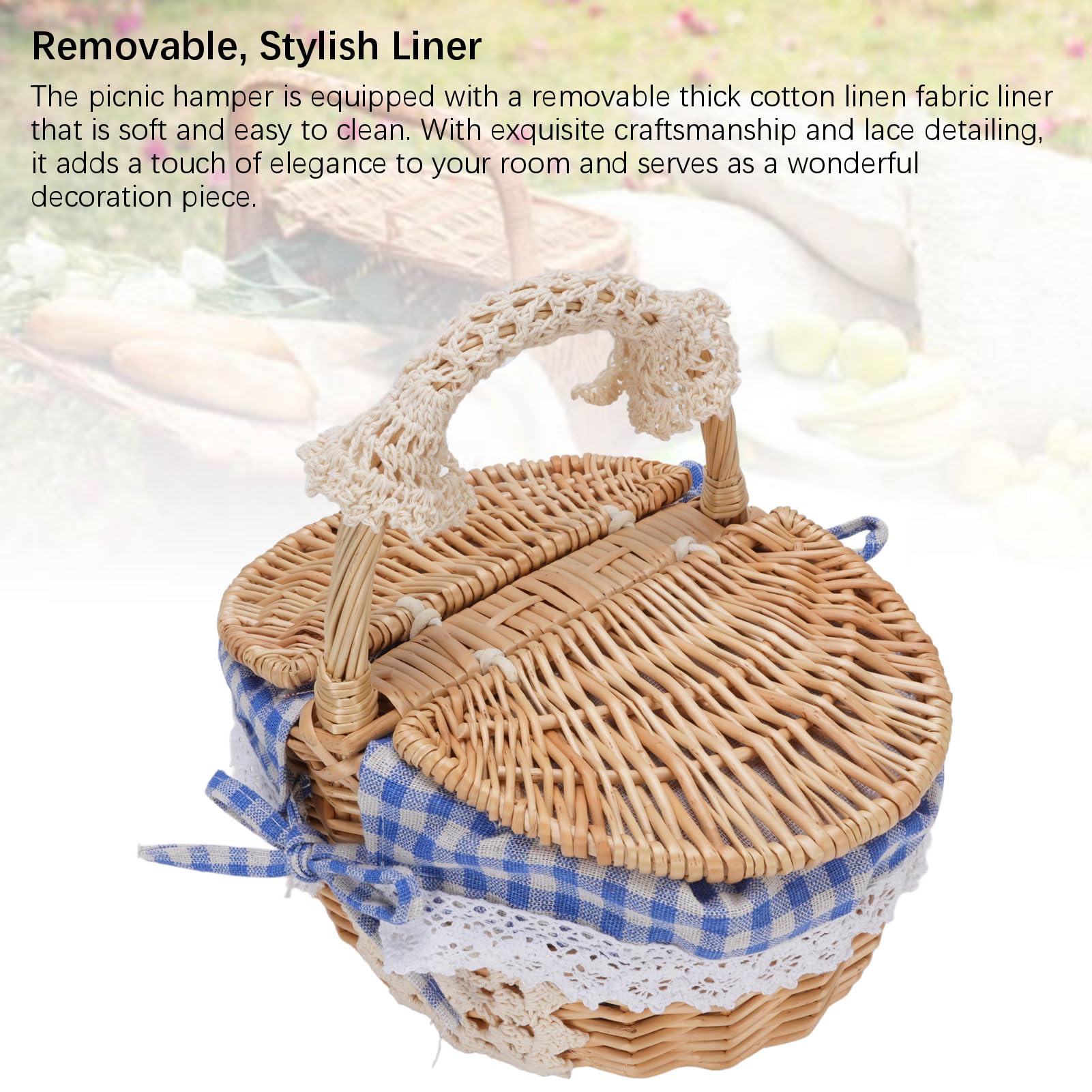 Panier de Pique-Nique en Osier avec Couvercle et Poignée, Panier de Pique-Nique pour la Cueillette de Légumes de Camping, Couvercle à Double Ouverture et Doublure Amovible (Plaid Bleu)