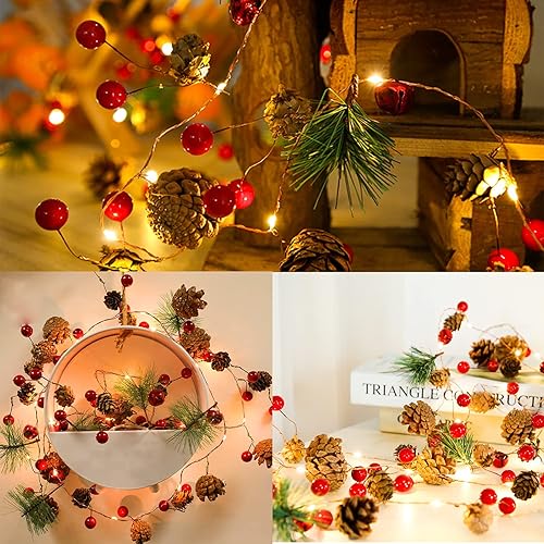 Miniatura 5 de Guirnalda de Navidad de 30 luces LED de 10 pies con luces, decoraciones de cono de pino para interior del hogar, chimenea, escalera