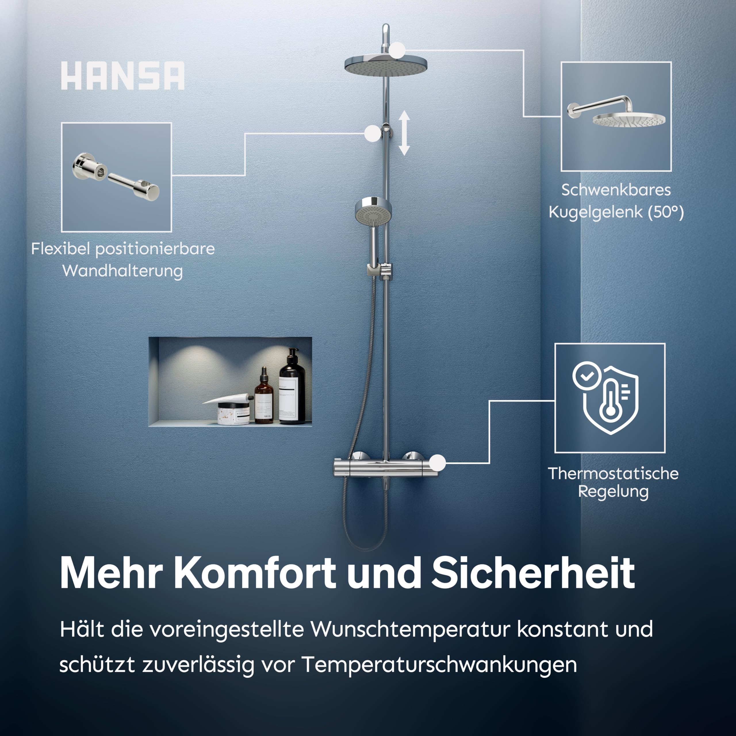 HANSA MICRA Duschsystem | Duscharmatur Komplettset aus Thermostat, schwenkbarer Regendusche, Duschkopf mit Schlauch und wasserführender Duschstange | Kopfbrause & Handbrause mit 3 Strahlarten | Chrom
