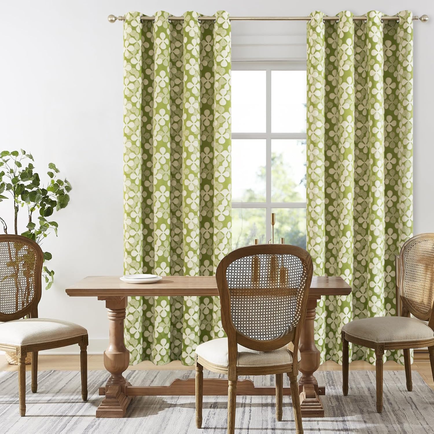 VOGOL Short Grommet Curtains for Bay Window, Sage Green Four-Leaf Clover Pattern Light Filtering Drapes for Dining Room, Faux Linen Privacy Curtain Panels for Office, 2 Packs, 52x63