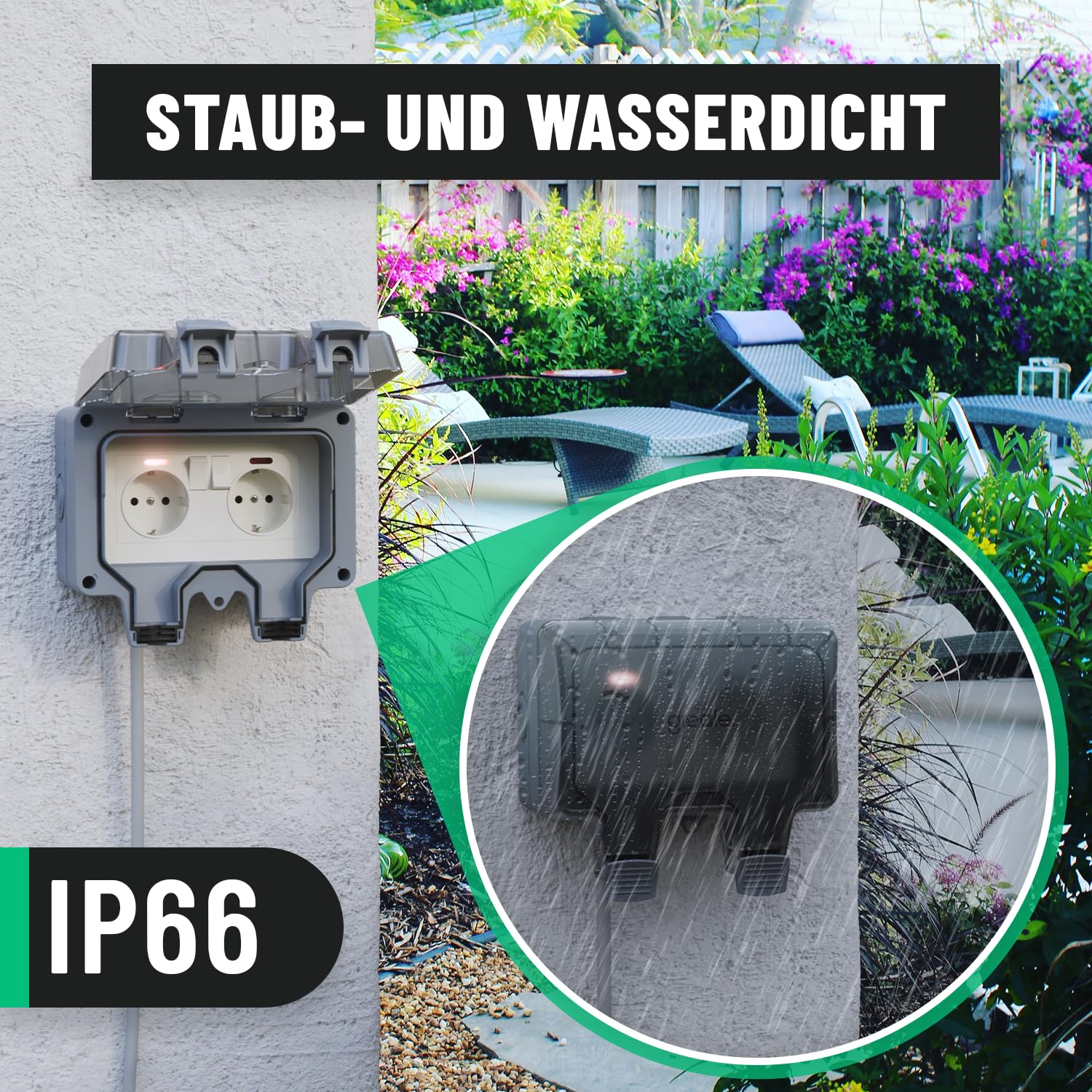 greate 2fach Aussensteckdose wasserdicht mit Schalter für Garten 4er Pack | Wasserdichte Outdoor Steckdose nach IP66 - Außensteckdose Aufputz abschließbar - Steckdose aussen - Außensteckdosen
