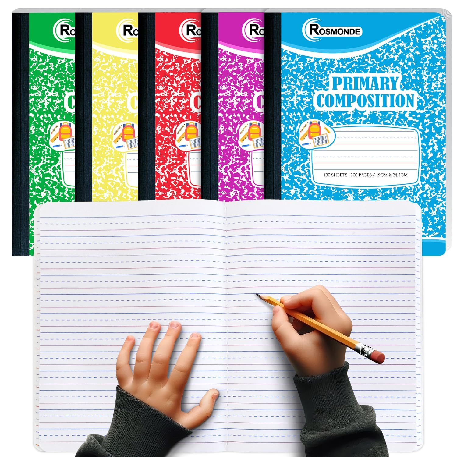Rosmonde Composition Notebooks Primary Ruled 5 Pack, 200 Pages (100 Sheets), Color Marble Composition Notebook, Sewn Binding Hard Cover, Primary Composition Notebook, Writing Dotted Lined