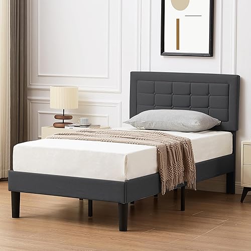 Miniatura 3 de VECELO Base de cama tapizada tamaño individual con cabecera de tela ajustable en altura, base de cama de plataforma resistente, base de colchón,