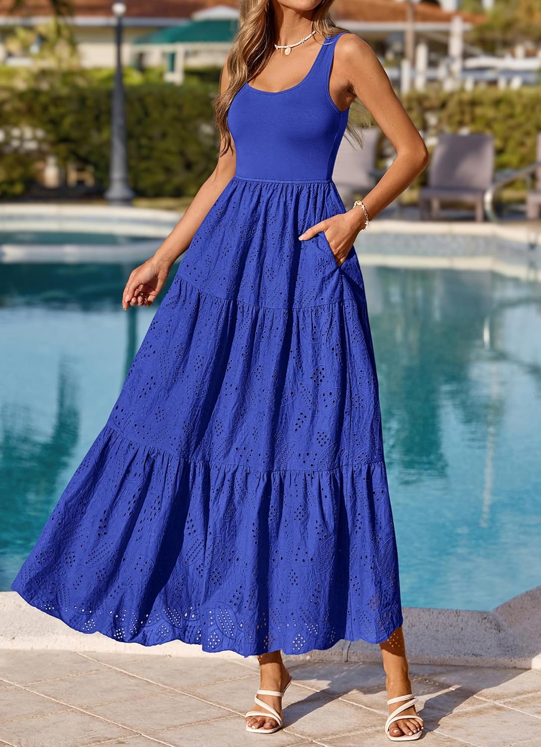 BTFBM Women Summer Eyelet Midi Dresses Casual Spring 2026 Sleeveless A Line Flowy Vacation Beach Wedding Guest Sun Dress