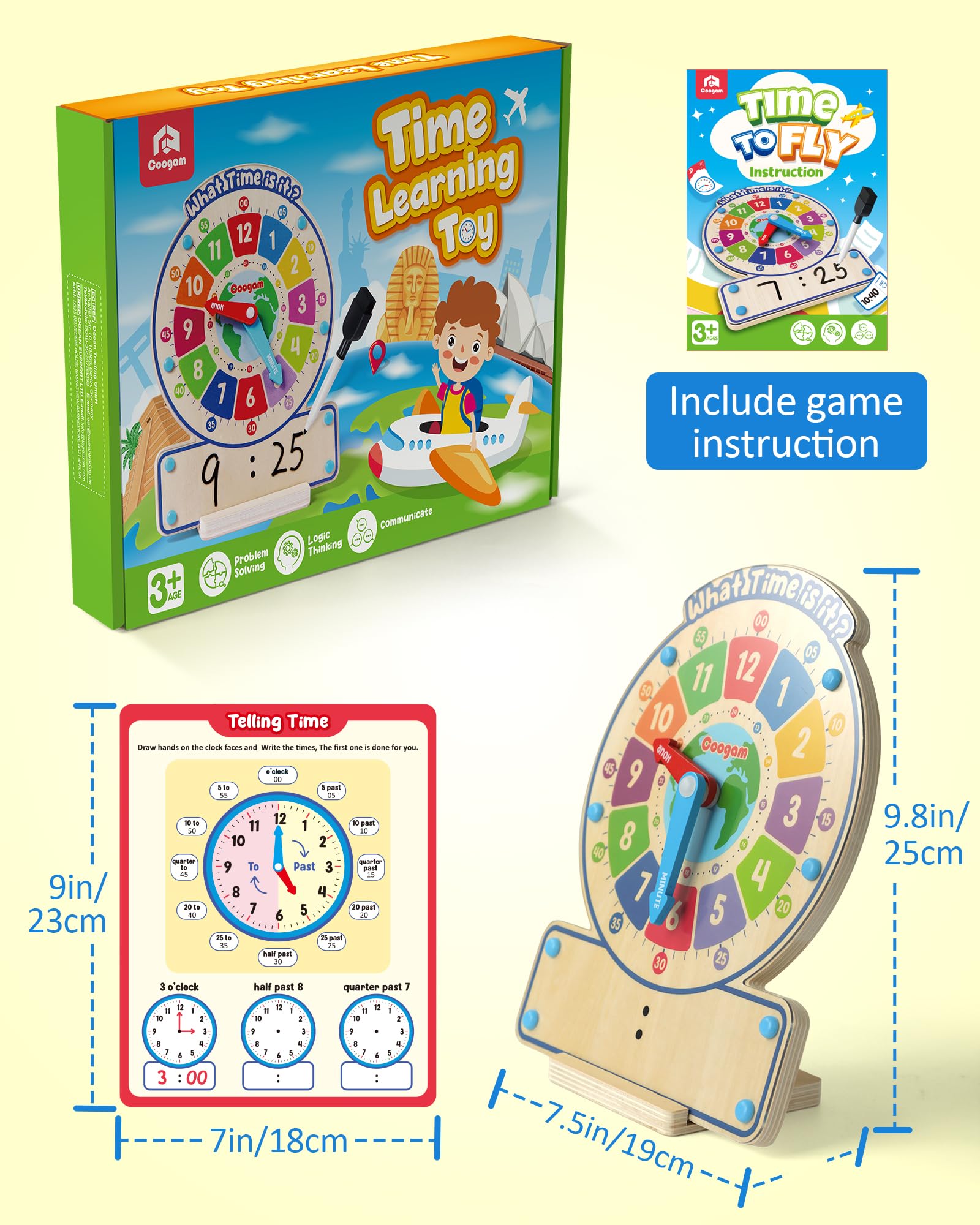 Reloj de madera para enseñar tiempo, reloj digital analógico con juego de mesa de hora de decir, juguete educativo Montessori Time Learning para niños de 3, 4, 5 años, escuela en casa 7
