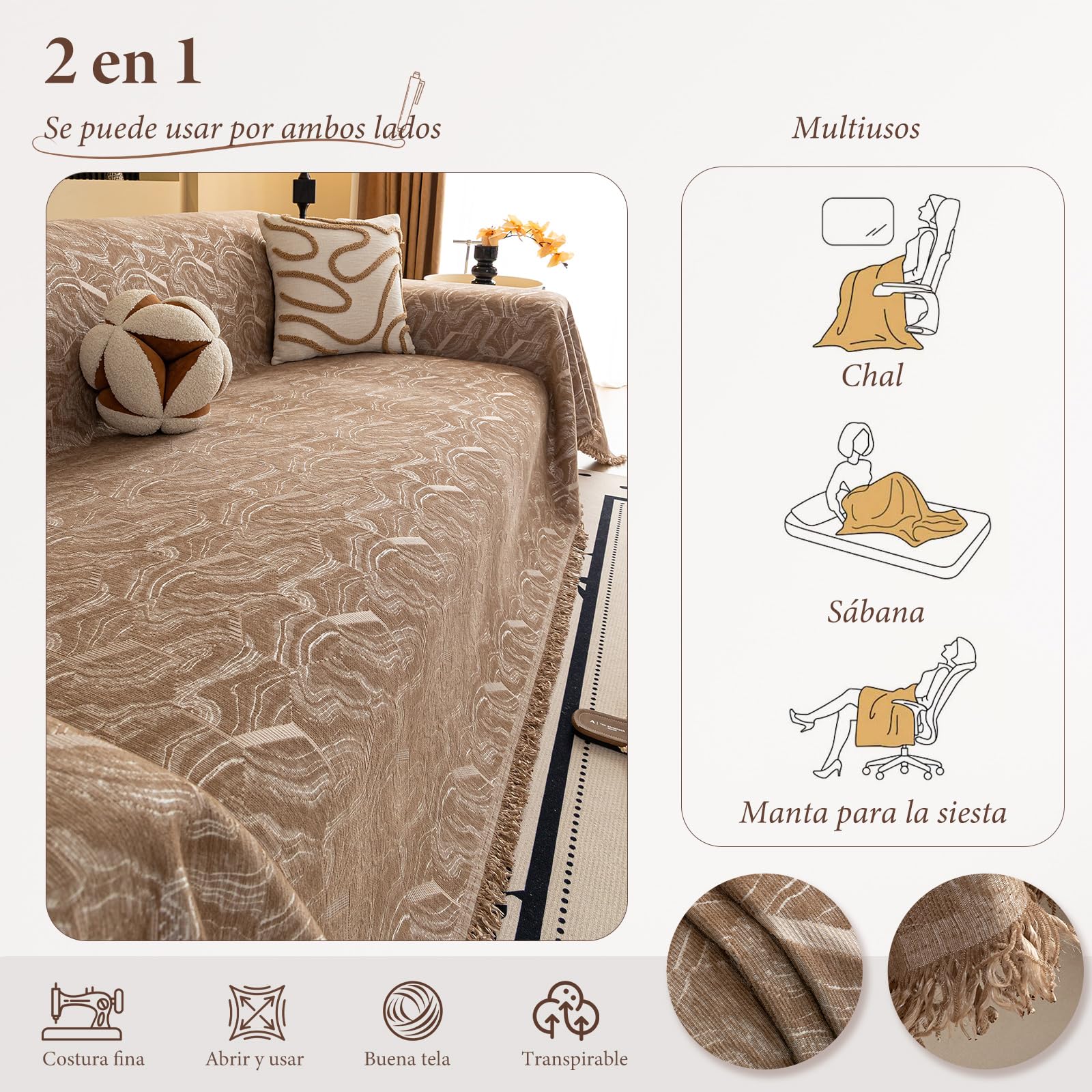 Suave Cómodo Manta Cubre Sofa,Plaid Cama, Mantas Decorativas para Sofás Dormitorio Sala De Estar Sencillo Diseño Multifuncional Resistente a Los Arañazos y Duradera 180 * 180cm-Caqui