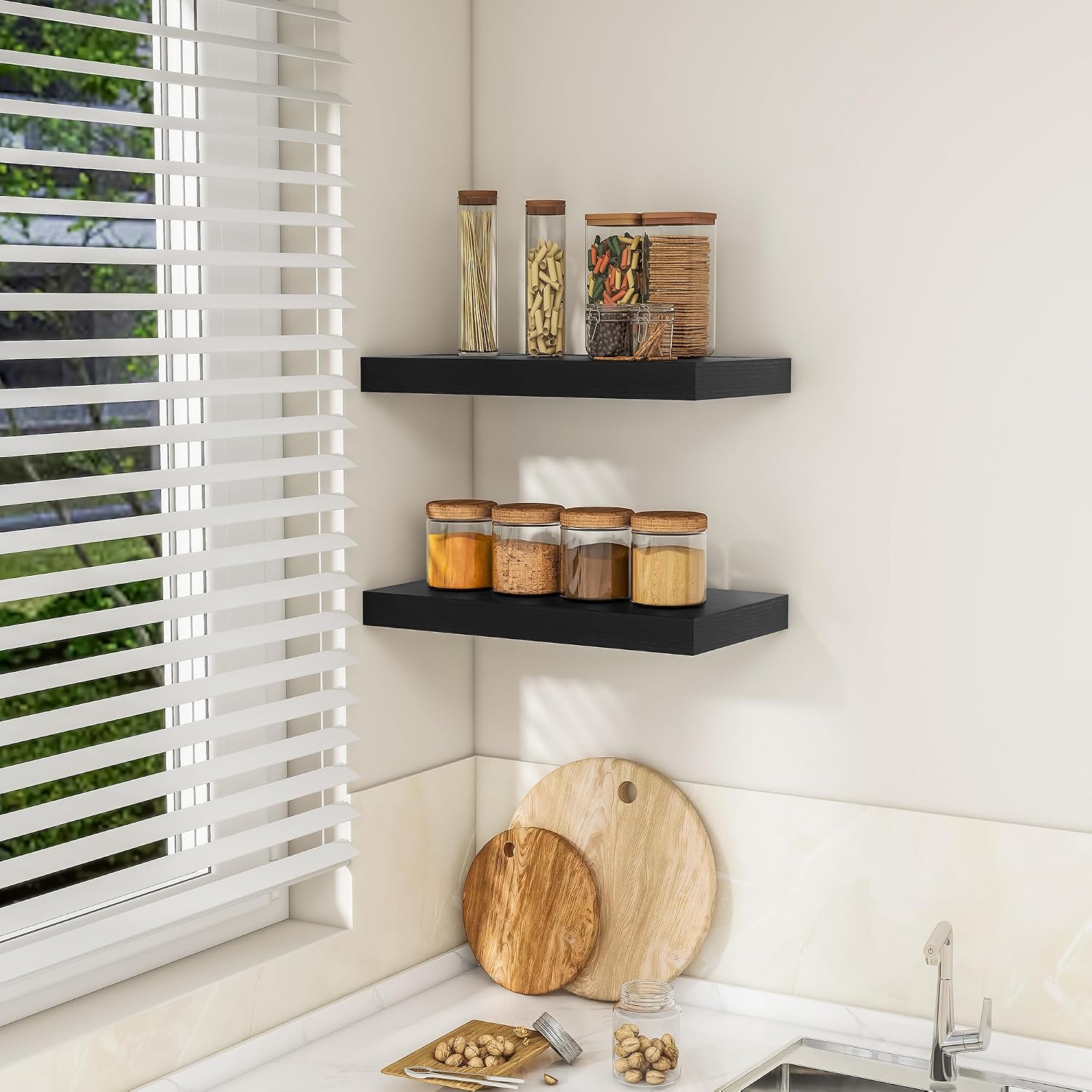 RICHFOCUS 16Inch Floating Shelves for Wall 2 Pack Shelves for Bedroom|Kitchen|Bathroom Wall Mounted Rustic Wood Floating Shelf with Invisible Brackets for Books|Storage|Decor, Black thumbnail
