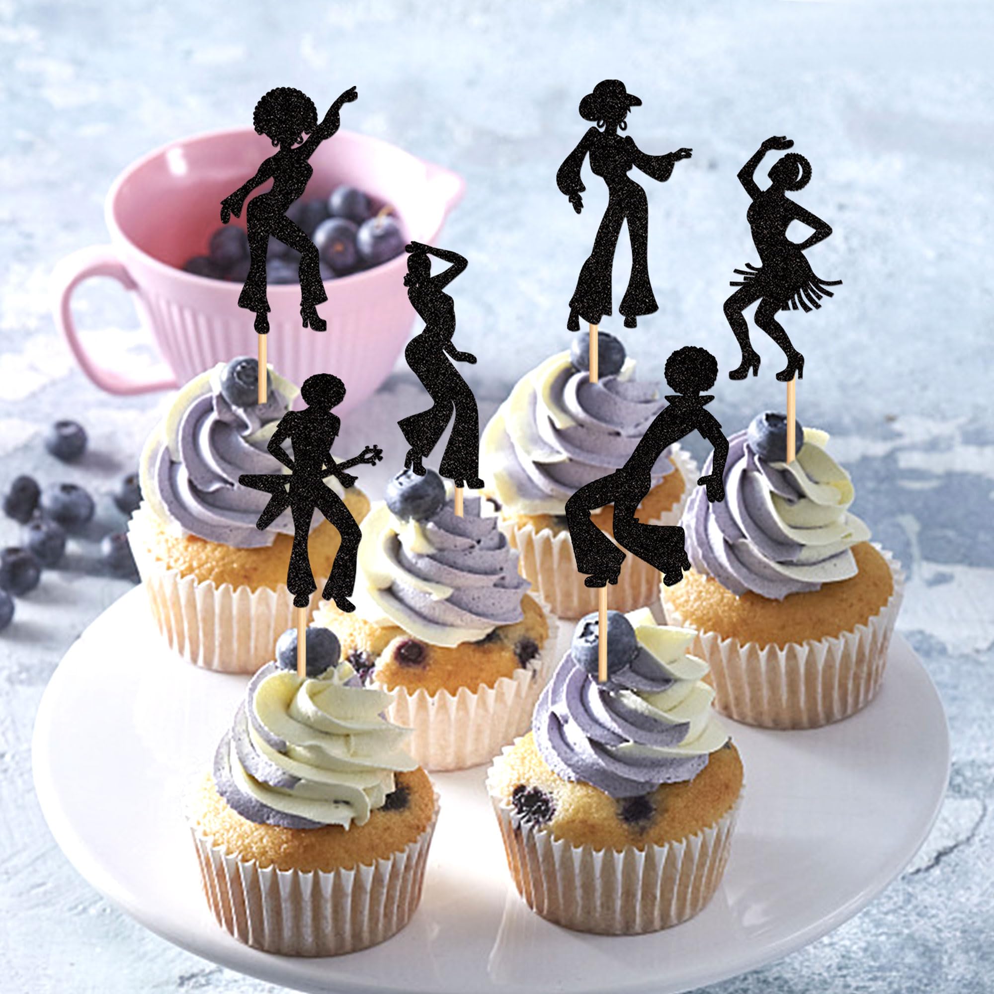 24 Adornos Negros Para Cupcakes De Discoteca Con Purpurina De Los Años 70, Selecciones De Cupcakes De Baile De Discoteca, Decoraciones De Pasteles Para Temática Musical, Suministros De Boda Y Fiesta