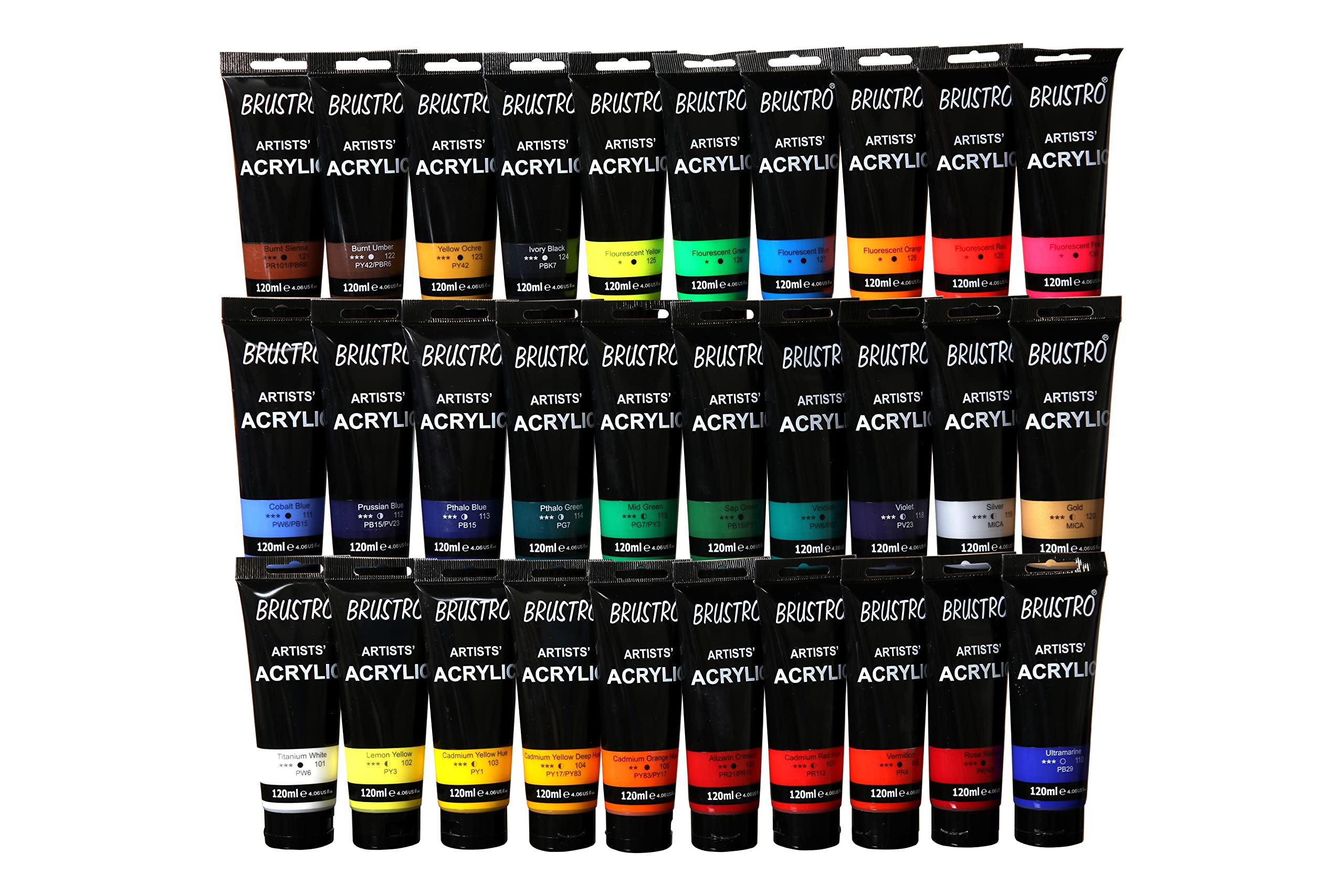 BRUSTRO Artists Acrylic Paint |120ml, 30 Shades (Complete Colour Range)| Ideal for Paper, Canvas, Water-Based Colors, Non-Toxic, Inter-mixable, Perfect for Artists,Crafters,Students and Professionals