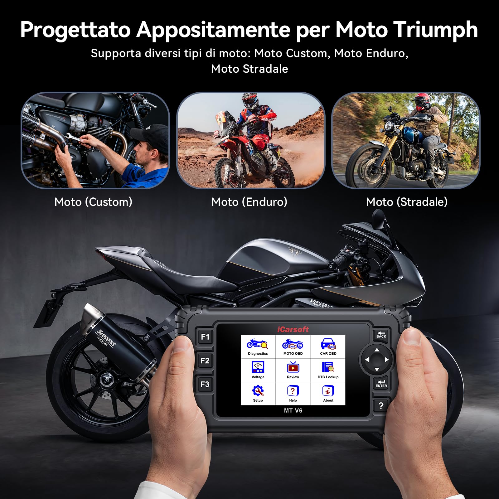 iCarsoft MT V6 - Scanner diagnostico per moto Triumph, lettore di codici OBD2, diagnostica completa del sistema, 58 servizi di manutenzione, 55 test bidirezionali, lettura/cancellazione dei codici di