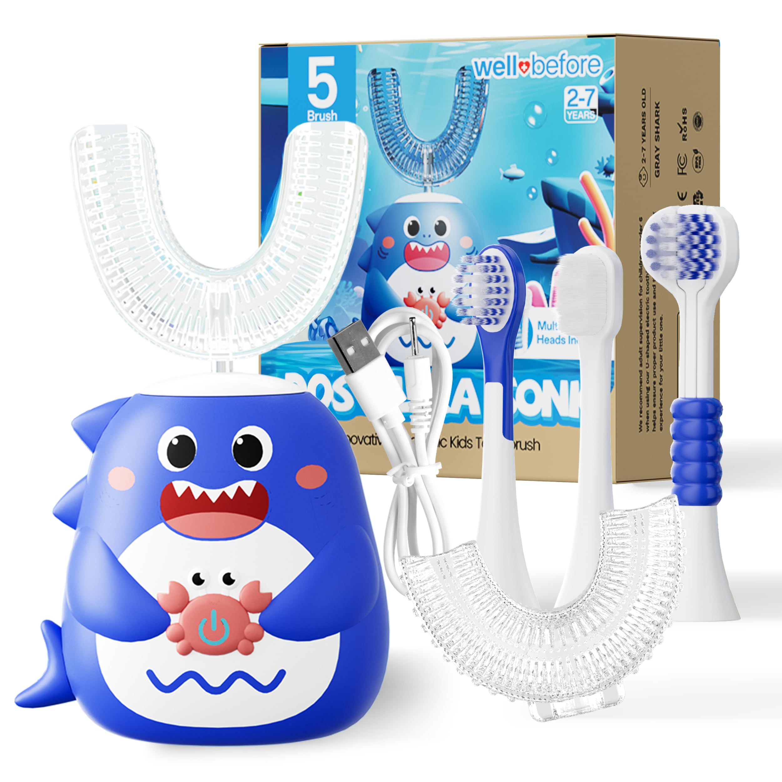 Well Before Kids U Shaped Electric Toothbrush with 5 Brush Heads, Ultrasonic, 5 Modes, IPX7 Waterproof Design (Shark, Blue Ages 2-7)