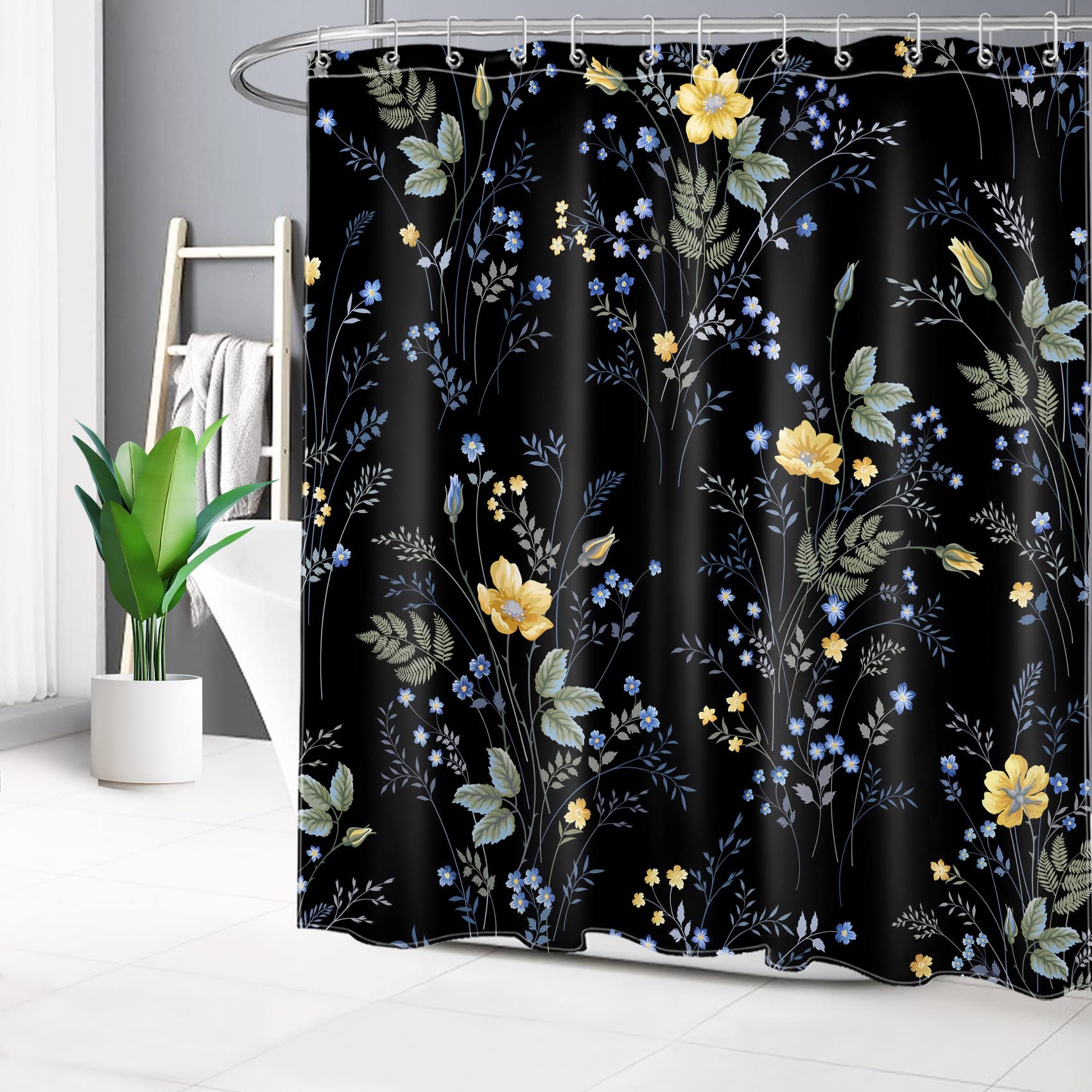 Kzzfqxb 180x200cm Tende da doccia floreali con sfondo bianco con ganci, erbe botaniche fiori viola margherita impermeabile occluso per il Vasca, elegante tessuto in poliestere per Bagno