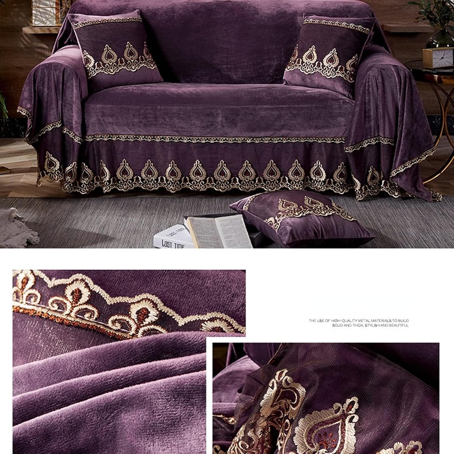 SFYZ HOME Vintage Velvet lace Sofa Cover,Floral Embroidery Soft Sofa slipcover, Solid Color Sofa Towel for loveseat sectional Sofa (Purple,Oversize (79x150inch))
