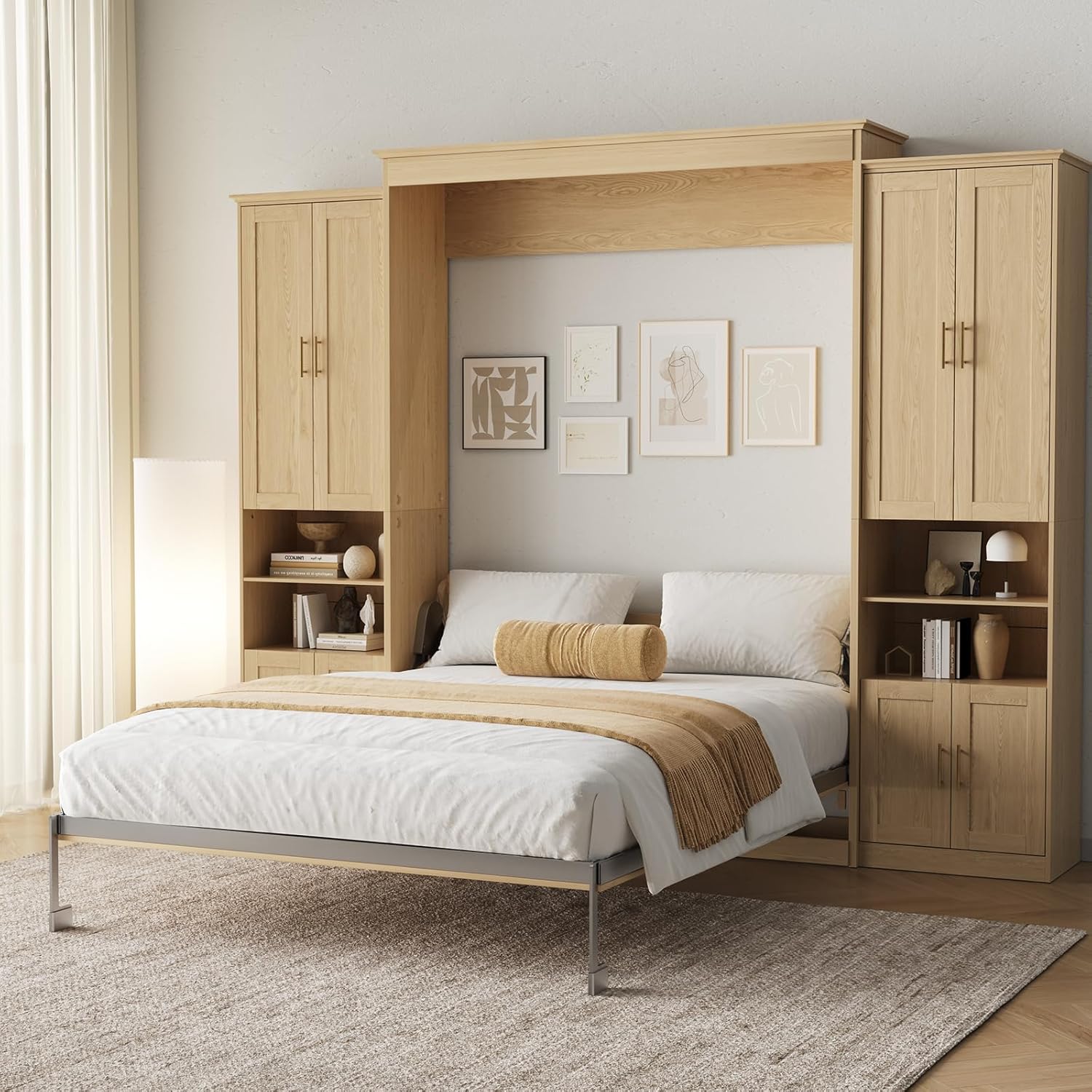 Queen Murphy Bed with Storage Cabinets & 6 Adjustable Shelves, Foldable Space-Saving Queen Wood Wall Bedframe with USB Charging Port, Hidden Bedframe for Guest Room, Bedroom, Natural Wood Color