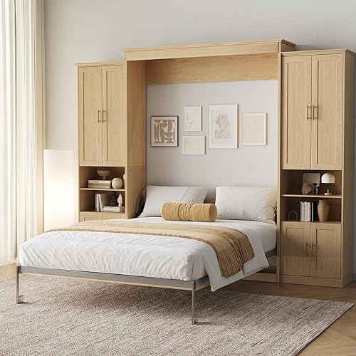 Queen Murphy Bed with Storage Cabinets & 6 Adjustable Shelves, Foldable Space-Saving Queen Wood Wall Bedframe with USB Charging Port, Hidden Bedframe for Guest Room, Bedroom, Natural Wood Color