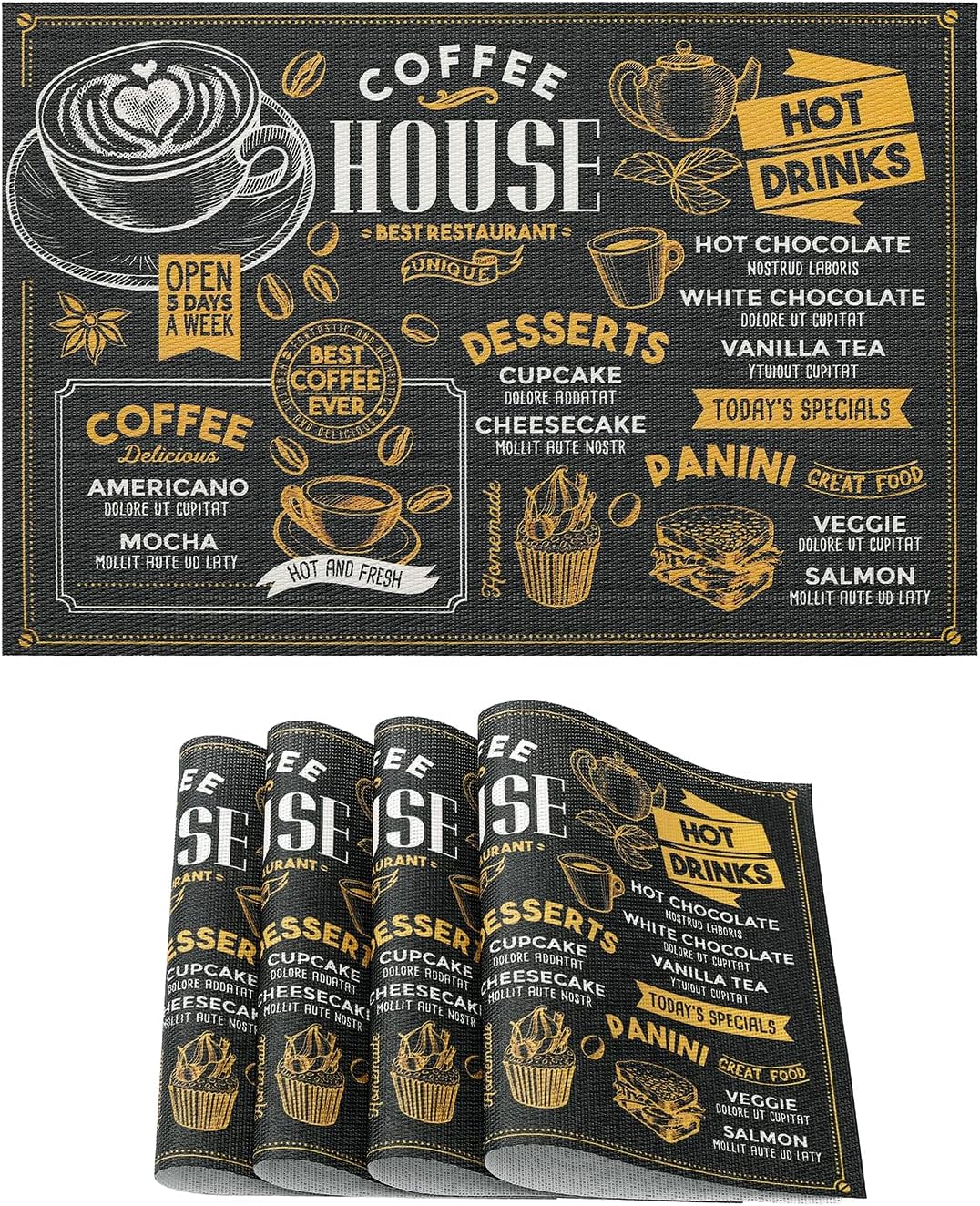 Leetaltree Coffee Placemats Set of 4 – Heat Resistant Non-Slip Place mats for Dining Table, Washable Durable PVC Vinyl Woven Table Mats (Black,4)