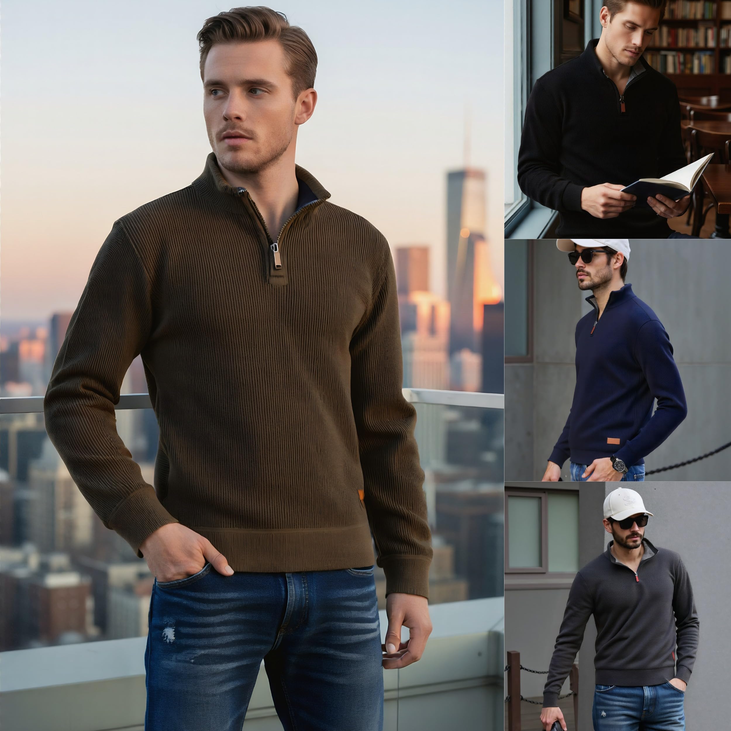 Maglioni Uomo con Collo Alto Invernali Lavorato a Maglia 1/4 Zip Pullover Maglione Tenere Caldo Maniche Lunghe Sweater Slim Fit Casual Maglioni