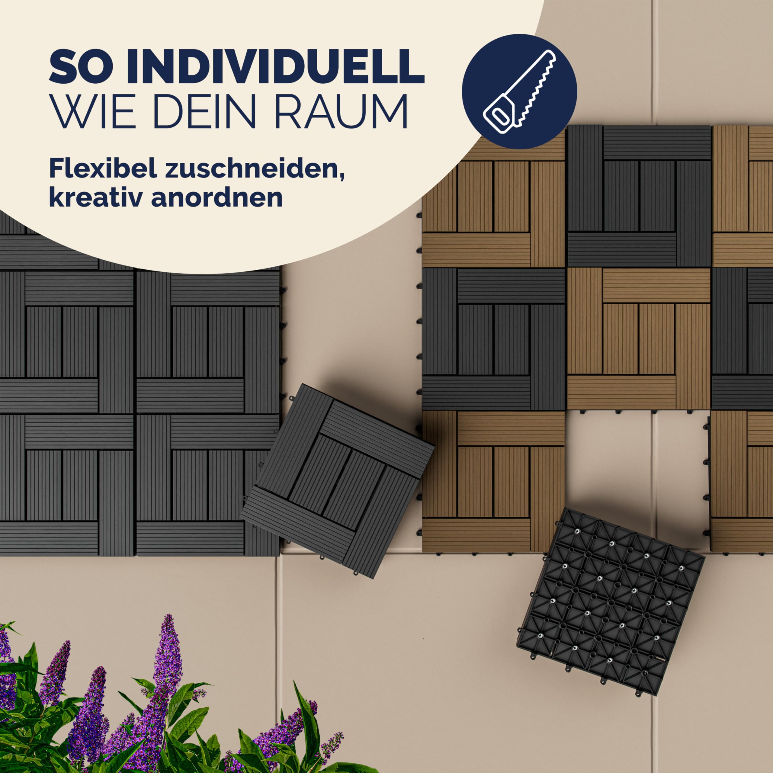 Casaria® Set Baldosas Exterior WPC Losetas Jardín Aspecto Madera Antideslizantes Rejilla Drenaje Resistente Intemperie Suelo Terraza Balcón Patio Cubiertas Interior Sistema Clic Antracita 30x30cm 4m² — view 7