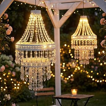 Solar Crystal Chandelier Outdoor - 30 Warm LEDs Waterproof Hanging Lights with Lithium Battery, Acrylic Garden Decor for Gazebo, Wedding, Party, Tree | Perfect Gift for Mom