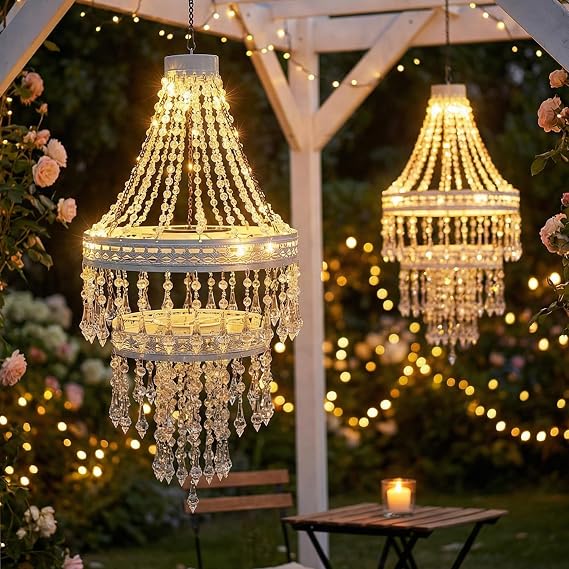 Solar Crystal Chandelier Outdoor - 30 Warm LEDs Waterproof Hanging Lights with Lithium Battery, Acrylic Garden Decor for Gazebo, Wedding, Party, Tree | Perfect Gift for Mom