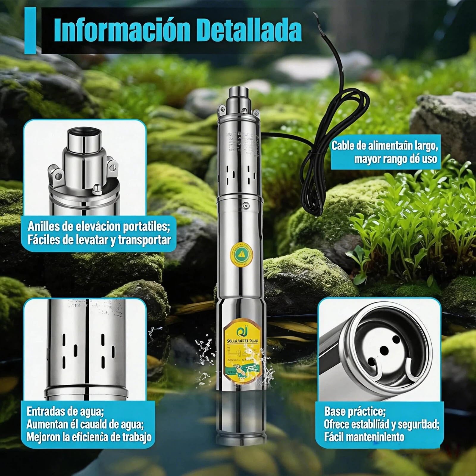 Bomba para pozos profundos, 370 W, Bombas de Agua Sumergibles para Pozo, acero inoxidable, 24 V, 2860 r/min, caudal de 5,9 pies ³/h Max Lift 65 m
