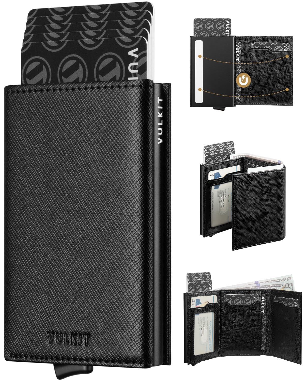 VULKIT Pop up Card Wallet Minimalist Cash Wallets RFID Blocking Leather Smart Credit Card Holder with ID window for Men(Cross Black)