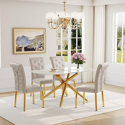 Miniatura 56 de Juego de mesa de comedor moderno de 63 pulgadas para 6 personas, juego de 6 mesas de comedor de cristal con patas de metal plateado, mesa de cocina