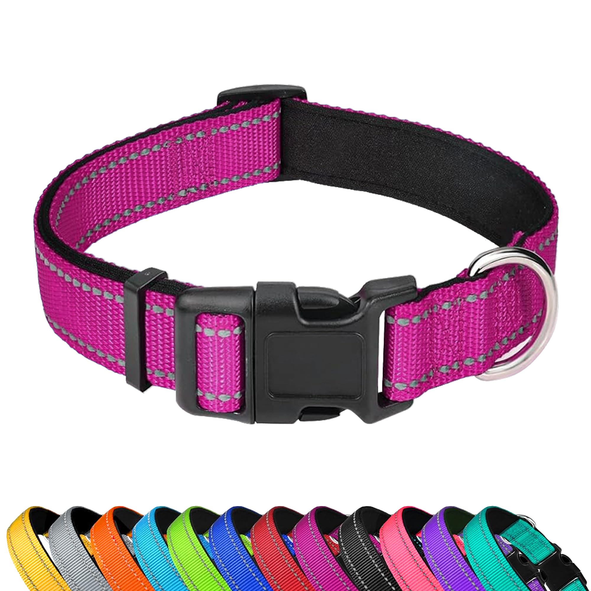 PWOD Reflective Dog Collar, Adjustable Soft Neoprene Padded Nylon Pet Collars with Buckle for Medium Dogs, Rose Red,M