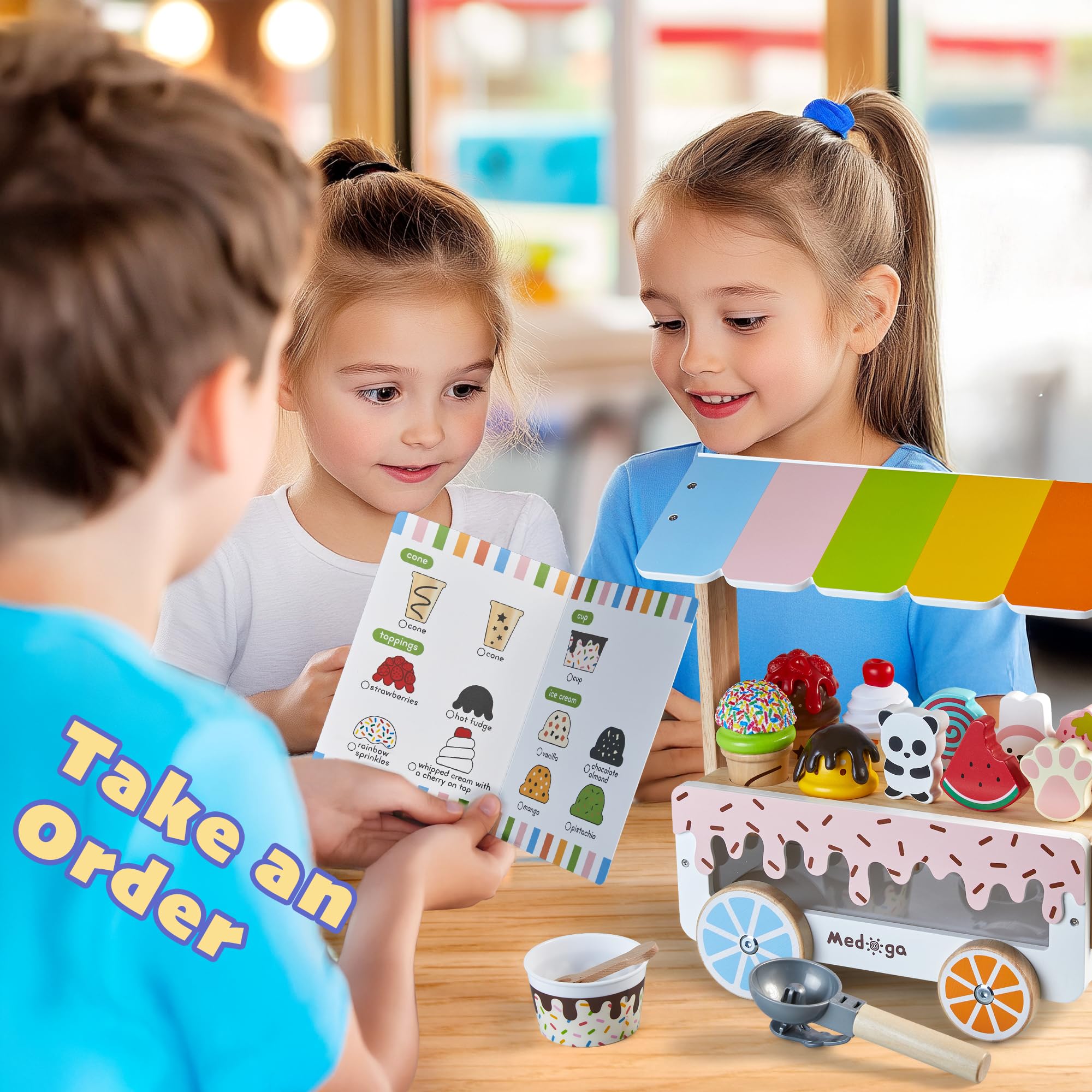 Carrito de Helado de Madera Con Juguetes, Camión de Comida, Accesorios de Cocina Con Polo, Cuchara y Menú - Regalo Para Niñas y Niños de 3 a 6 Años