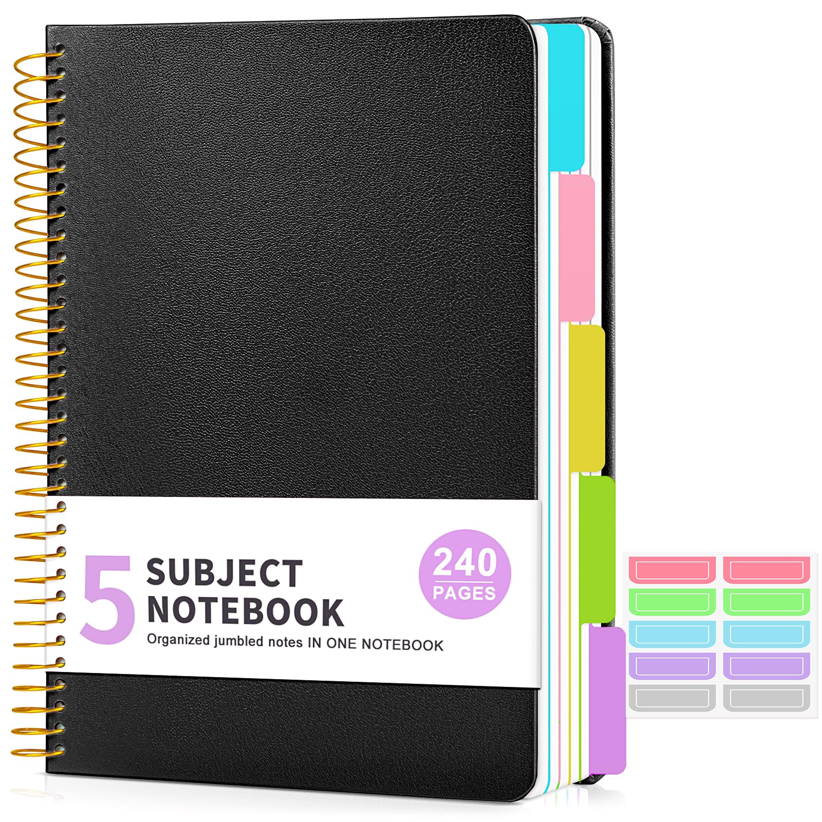 Cuaderno de 5 asignaturas a rayas con pestañas divisoras de bolsillo extraíbles, cuaderno en espiral de 240 páginas de 8.5 x 11 pulgadas, cuaderno rayado para mujeres, cuadernos de tapa dura para el