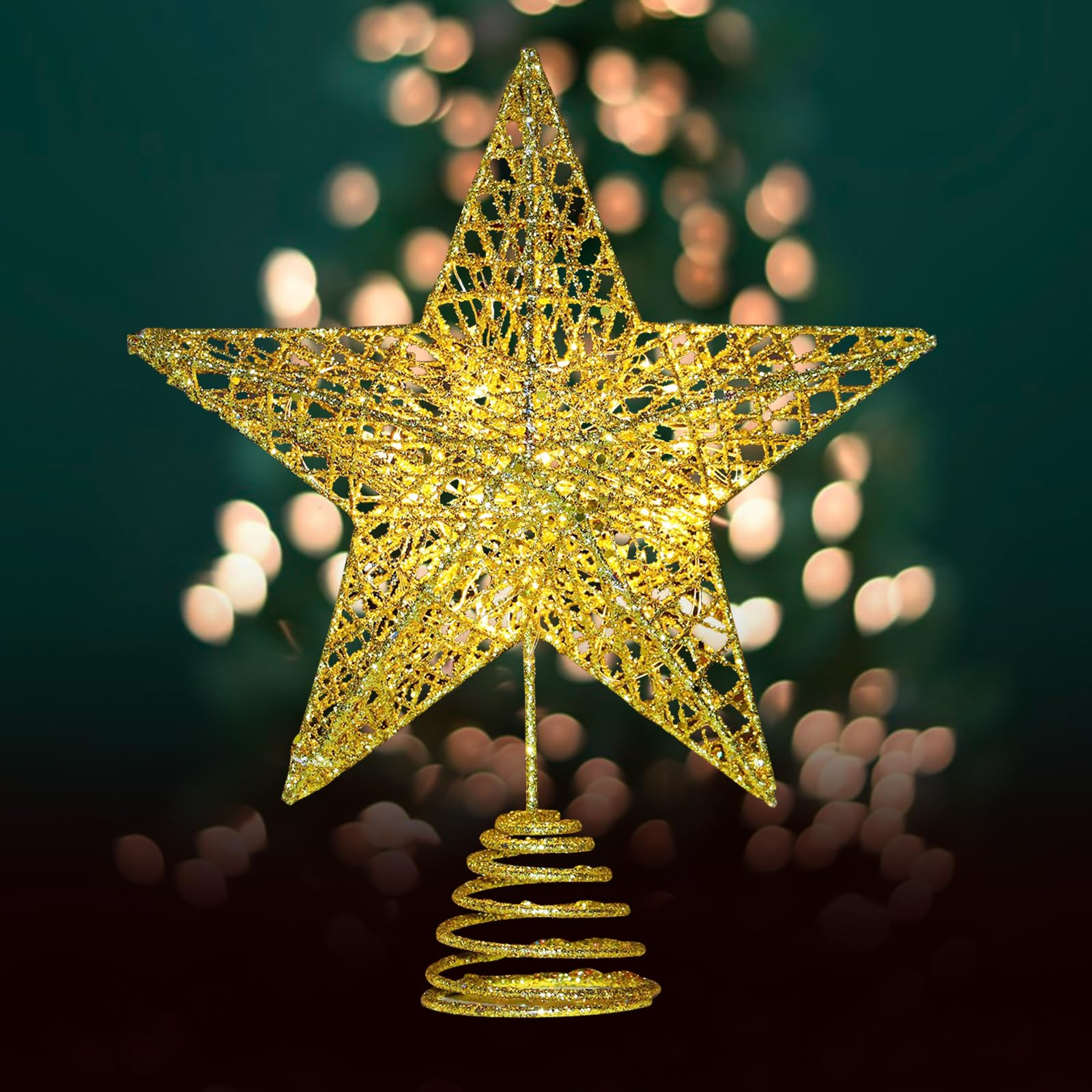 Christmas Tree Decoration, Christmas Tree Topper with 10 LEDs with Power Plug - 16 x 16 cm, Luminous Christmas Tree Pentagram, Christmas Tree Star Topper (Gold, 30 x 33 cm)