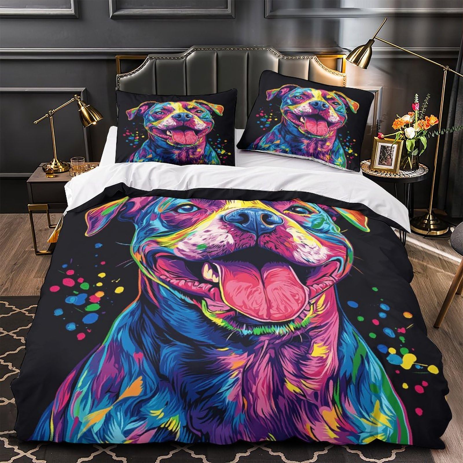 Parure de lit chien pop coloré housse de couette 135x200 microfibre