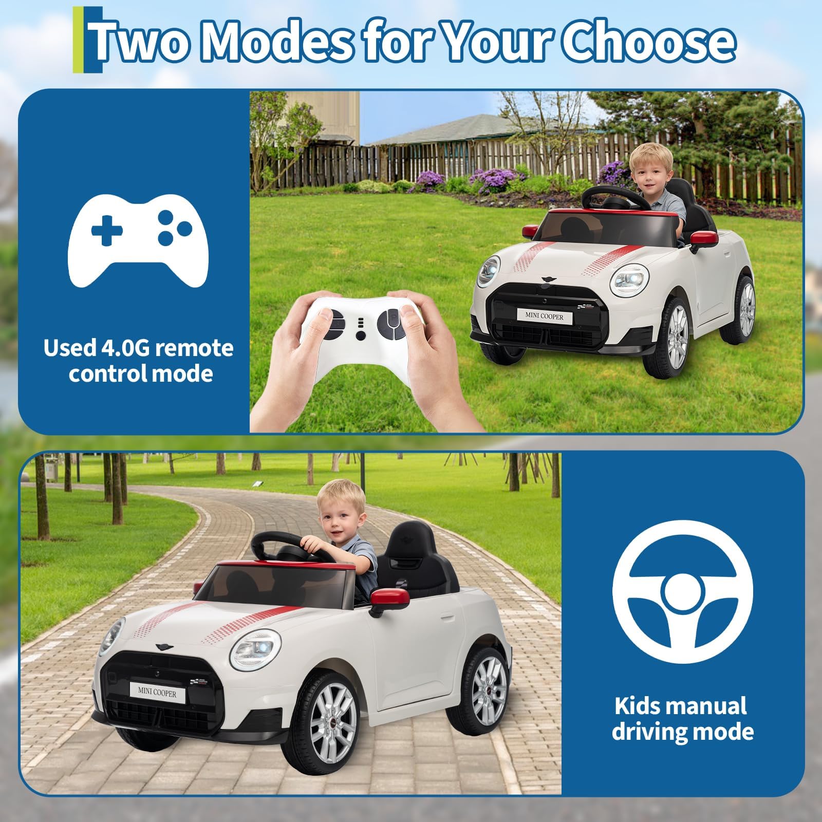 Coche Eléctrico para Niños 12V con Licencia, Mando a Distancia 2,4G, LED, Música, USB, Blanco