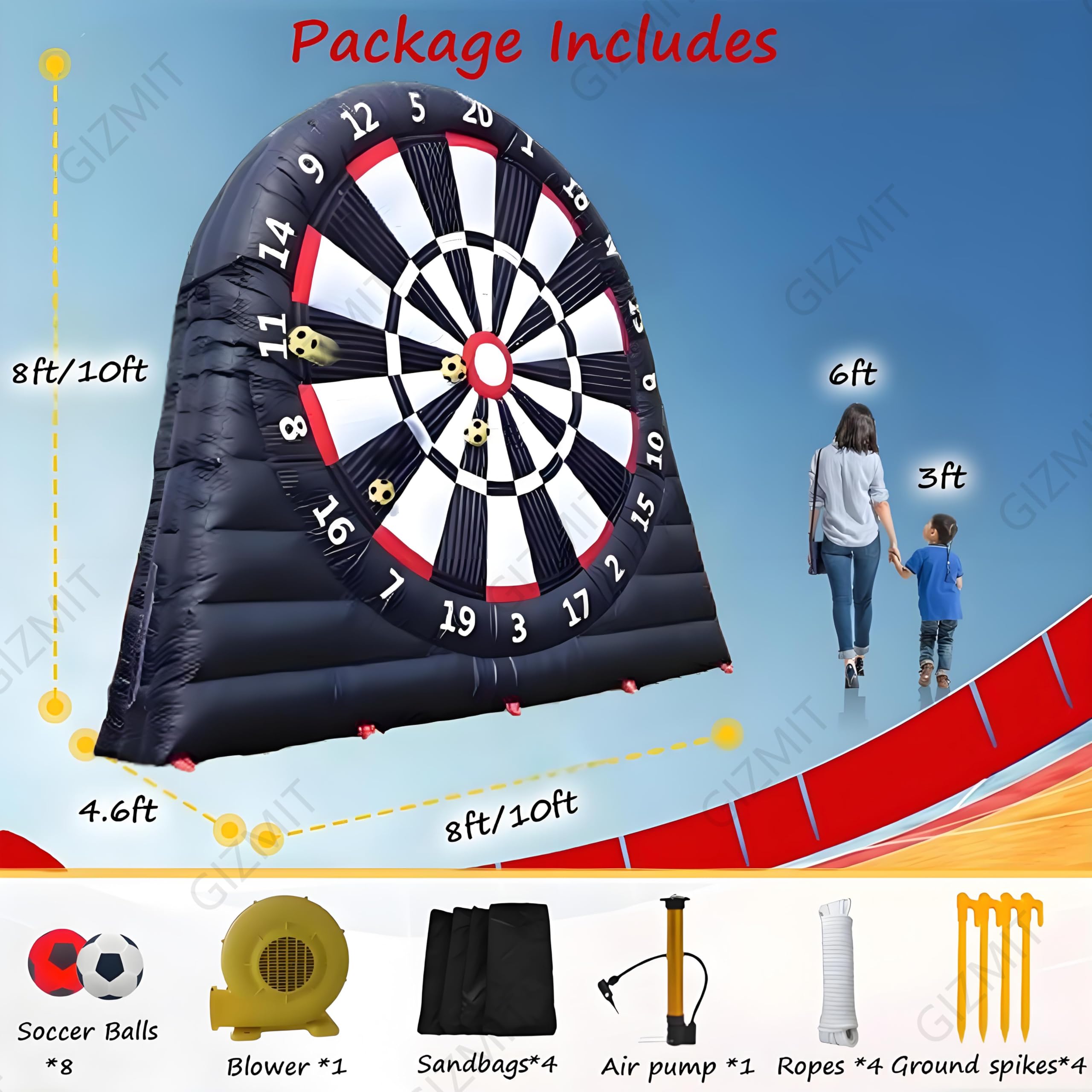 Diana de fútbol Inflable Gigante para Exteriores con soplador y 8 balones de fútbol - Diana Inflable de 2,4 a 3 m de Ancho para césped y jardín A-10FT