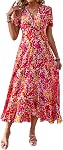 PRETTYGARDEN Women's Summer Wrap Maxi Dress Casual Boho Floral V Neck Short Sleeve Ruffle Hem Split Beach Long Dresses