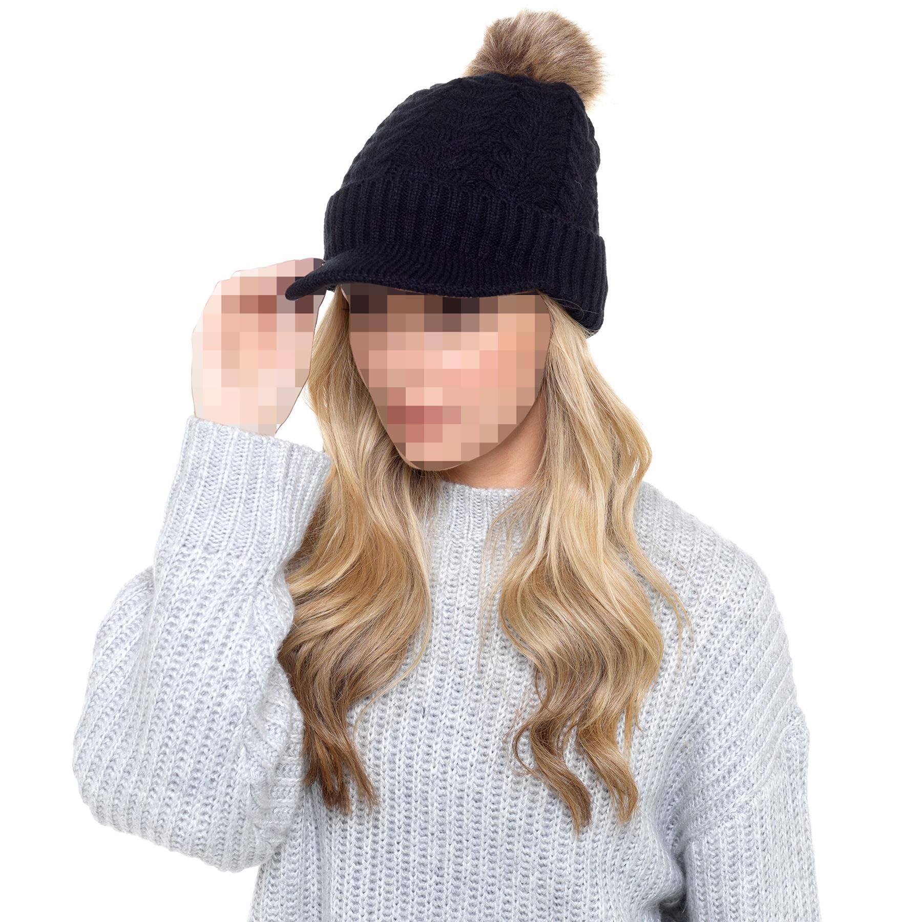 A2z Women's Cream Hat Cable Knitted Peaked Sherpa Lined Detachable Faux Fur Pom - Hat Lh873 One Size