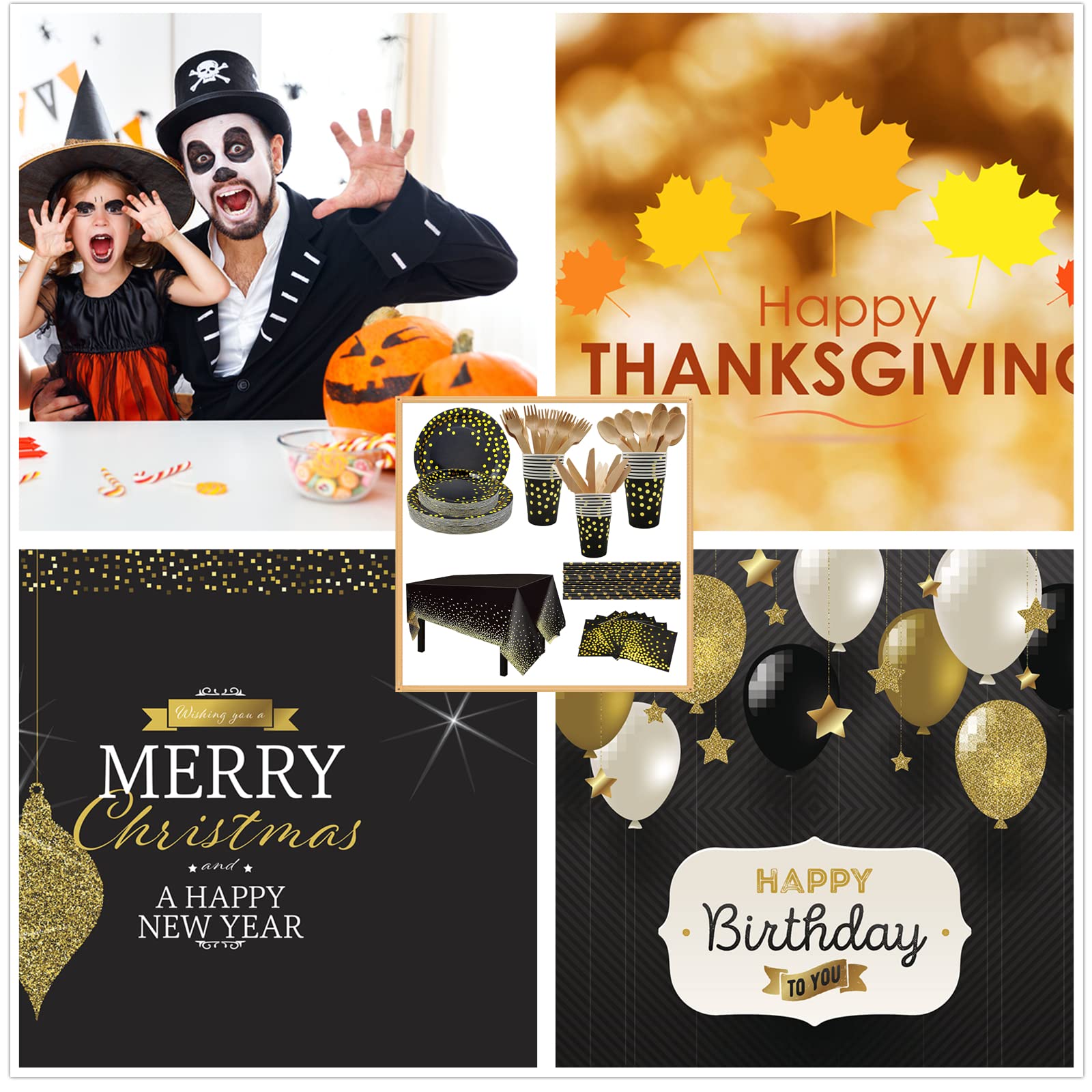 Zwart-gouden partyservies, 97 stuks, papieren borden, servetten, papieren bekers, tafelkleden, goudfolie, gestippeld, feestborden, set voor afstudeerfeest, jubileum, bruidsfeest, housewarming, doop
