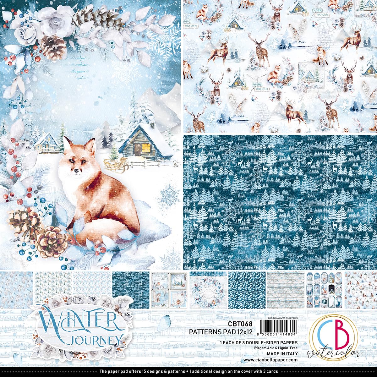 Ciao Bella Winter Journey 12x12 Patterns Pad - 8 Sheets, 190gsm Paper, 12 x 12 inches, white