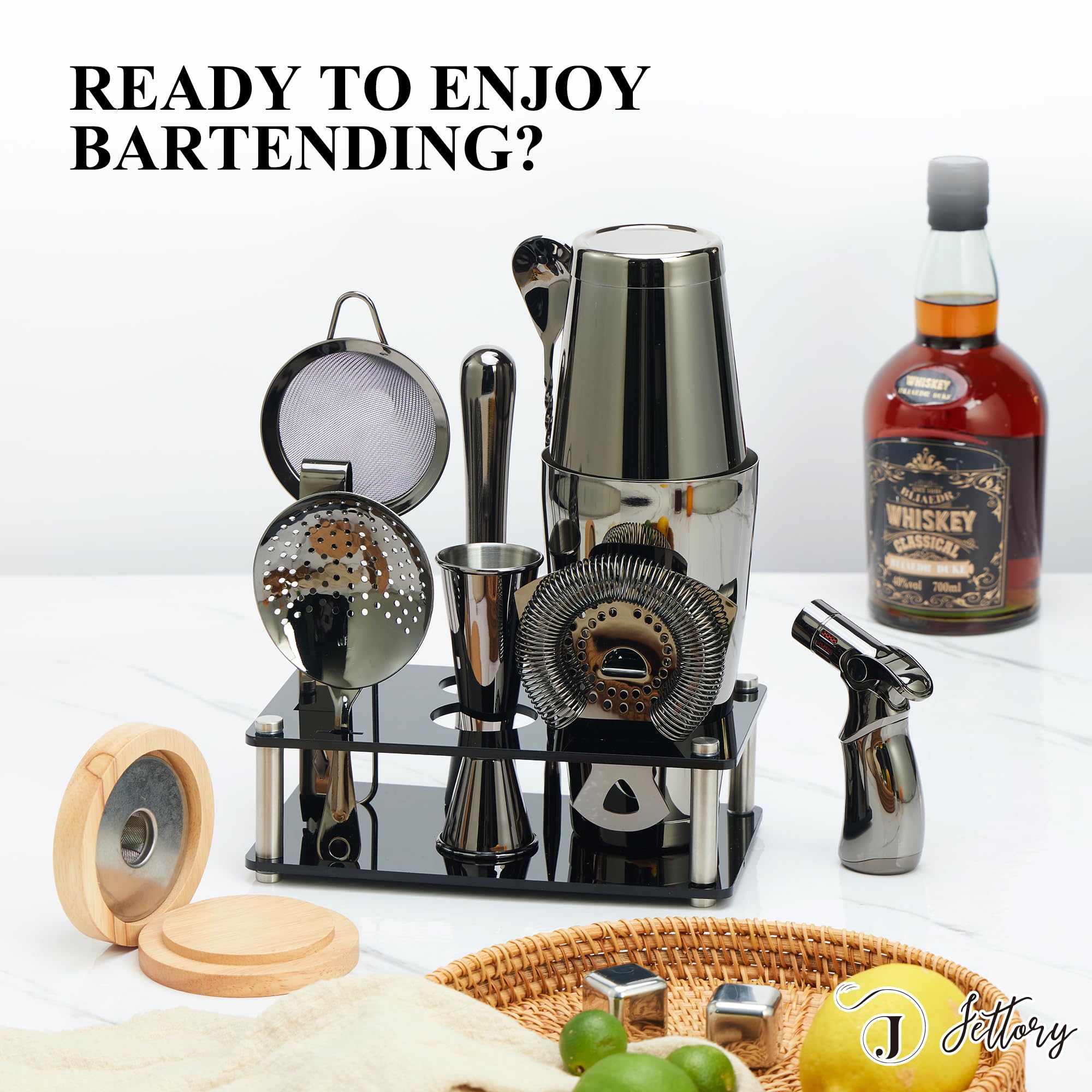 Boston - Juego de 10 cocteleras de acero inoxidable con base acrílica, colador, pinzas para hielo, cuchara de bar, vaso medidor, mortero – Perfecto para el bar en casa (negro)