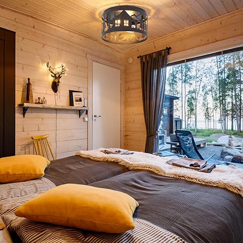 Miniatura 5 de Lámpara de techo rústica de montaje empotrado, 2 lámparas de metal con diseño de ciervo y oso, lámpara de techo de granja para cocina, dormitorio,