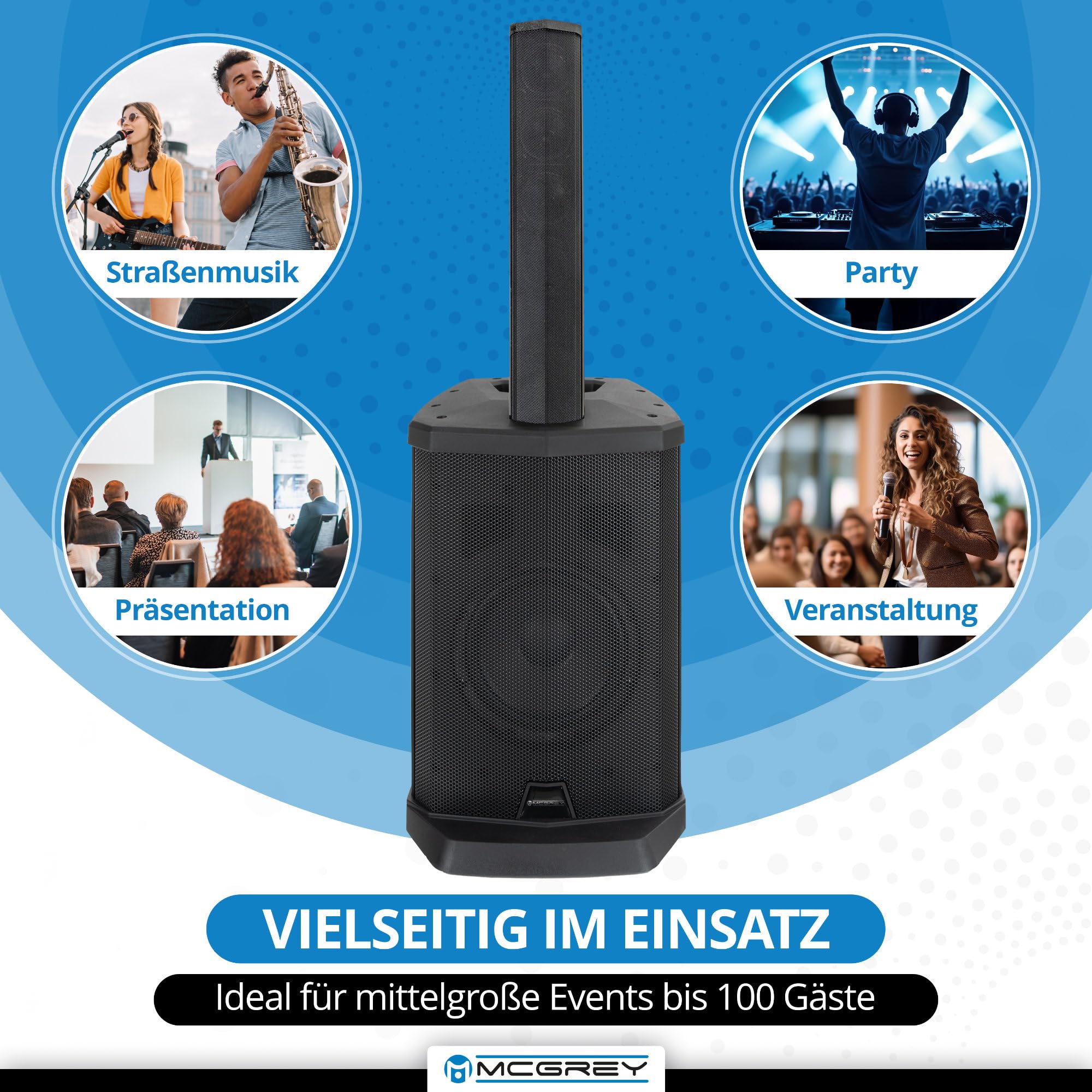 McGrey E-208LA Aktiv Line Array Säulenanlage Stereo Set 2x 100W RMS 8" Subwoofer 2,5" Lautsprecher Bluetooth Schwarz