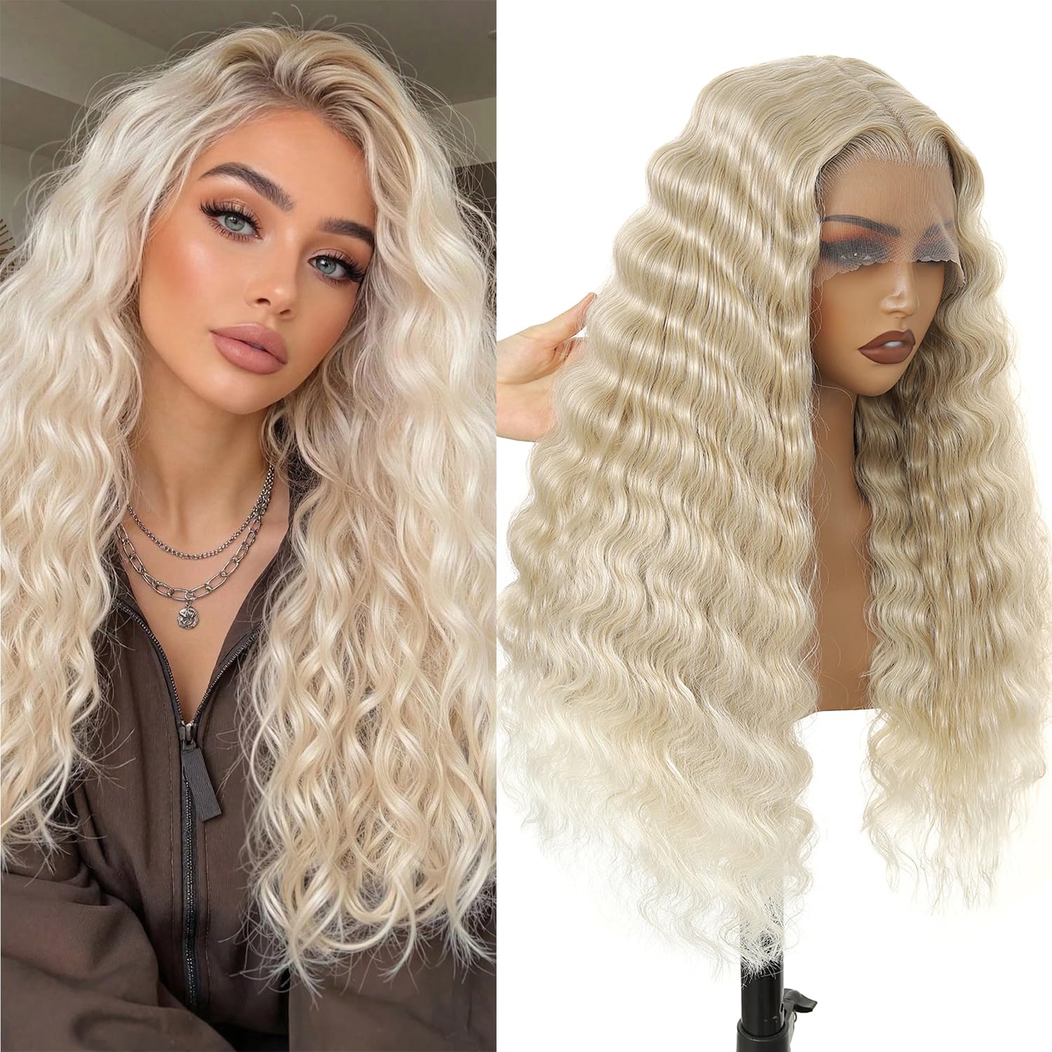 13X6 Synthetic Lace Front Wigs Blonde Glueless Wig For Women Loose Curly Wave 28IN